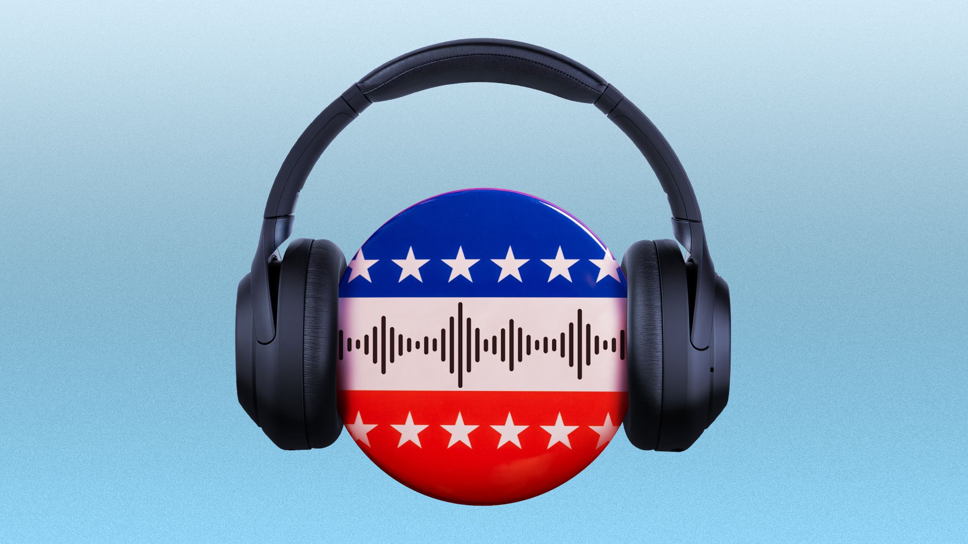 Illustration of a voting pin with a sound wave icon on it wearing headphones