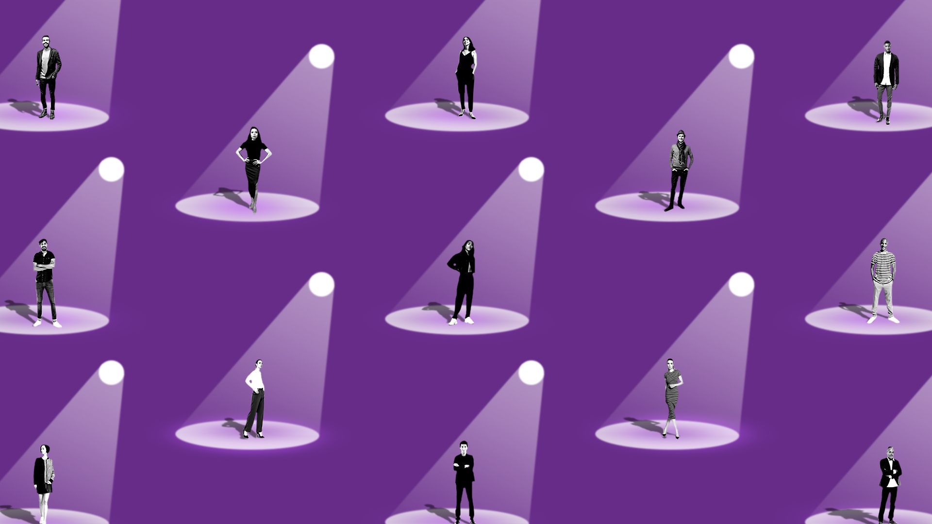 Illustration of a pattern made up of people under spotlights.