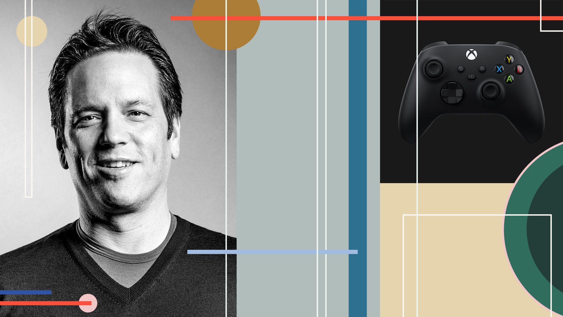 Photo illustration of Phil Spencer and Xbox Series X controller.