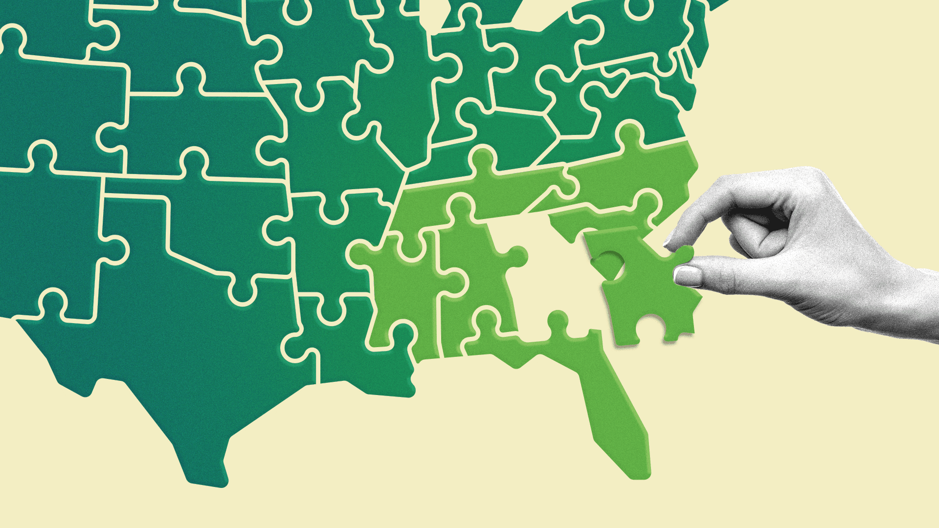 Illustration of the Southeastern United States as a puzzle, with Georgia being fitted into place.