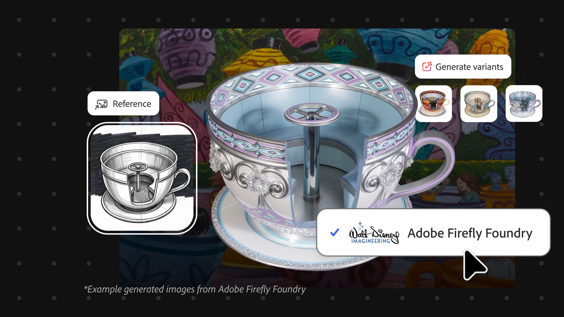 Large ornate teacup ride with pale blue interior and silver exterior, purple accents and gem-like embellishments, set against a vibrant mural; UI badges read "Reference" and "Generate variants".