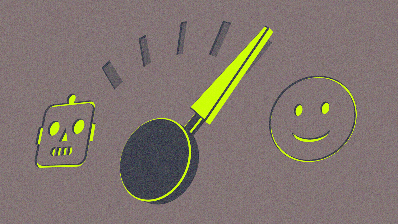 Animated illustration of a fuel gauge with a robot emoji instead of an E, and a smiley emoji instead of an F. The needle's point is hovering over the side with the smiley emoji.