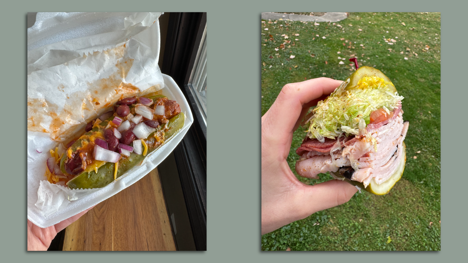 A coney hot dog in a pickle instead of a bun, and a sandwich shown with a pickle for a bun.
