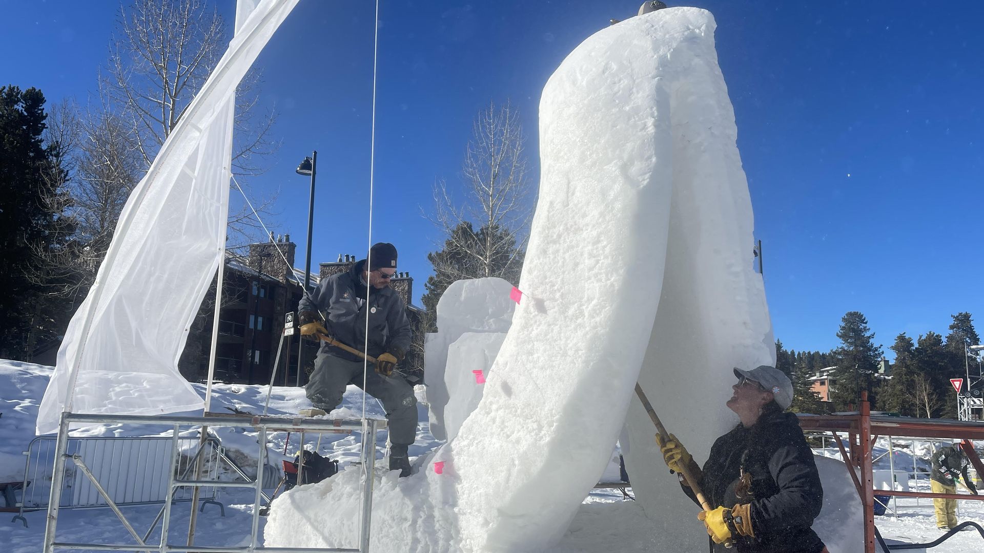 Steve Mercia works on Team Colorado's snow sculpture. Photo courtesy of Rachel Lawlis 