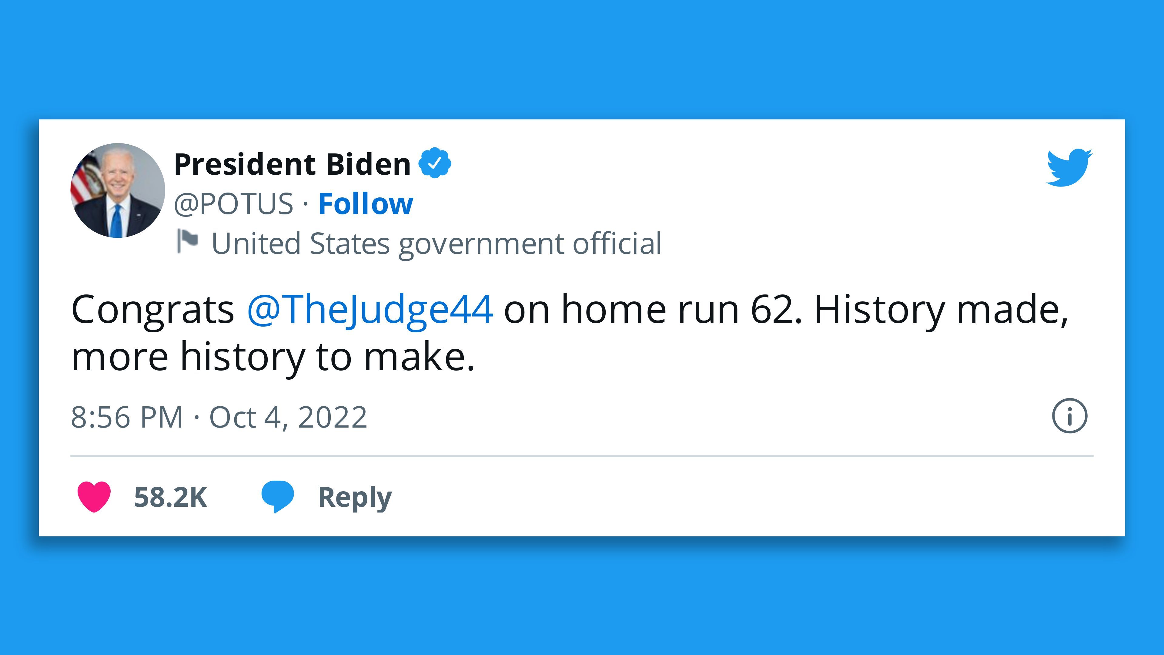 President Biden sends a congratulatory tweet to Aaron Judge on his record.