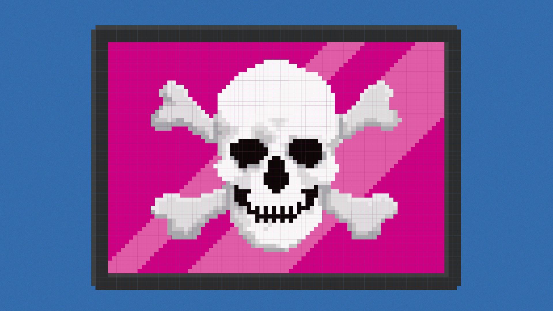Illustration of an 8-bit skull and crossbones on a digital screen.
