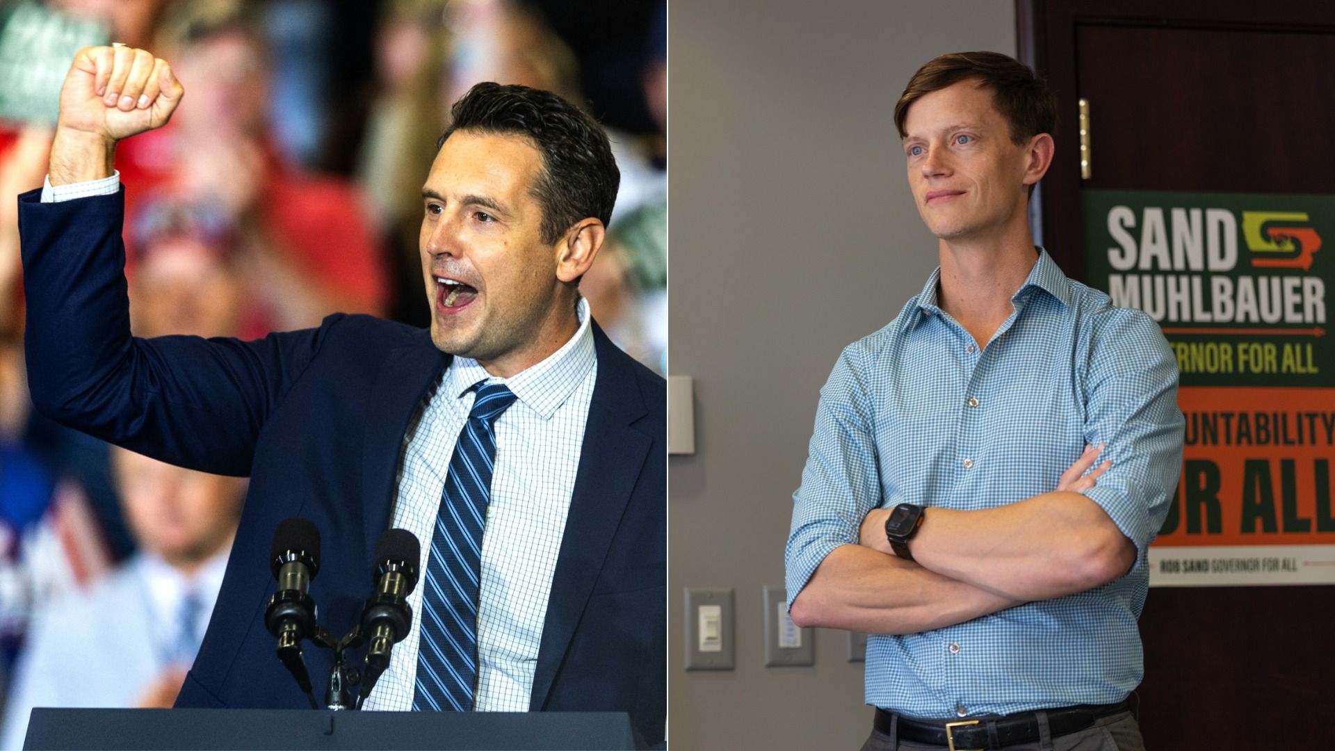 Split image: left features a man in a dark suit at a podium, fist raised and speaking; right features a man in a light blue checkered shirt with arms crossed, standing beside a campaign sign.