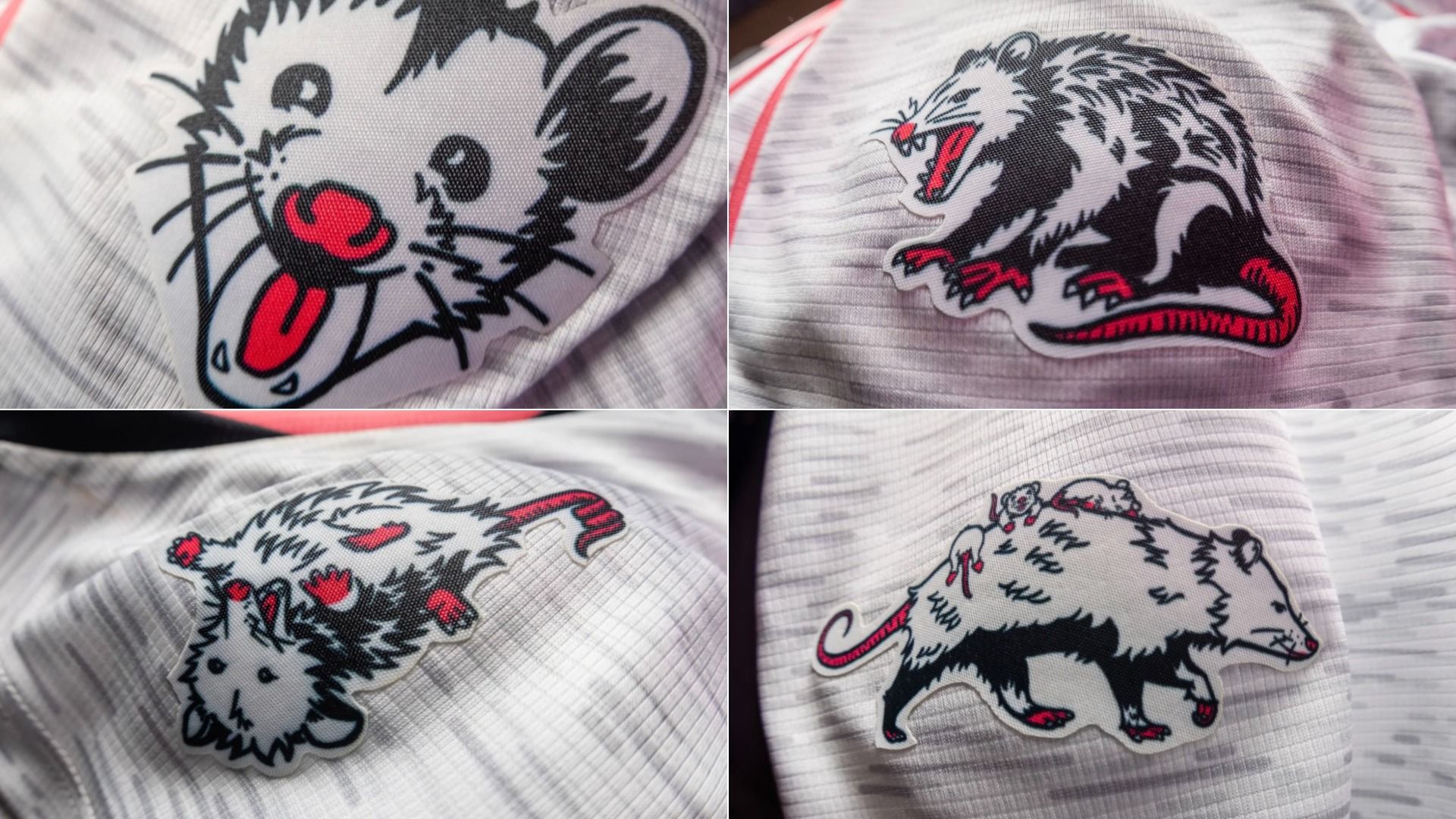 Quad-panel collage of embroidered cartoon animal patches on striped fabric: a white mouse with red nose; a snarling gray wolf; a shaggy white dog; a leaping white wolf with red trim.