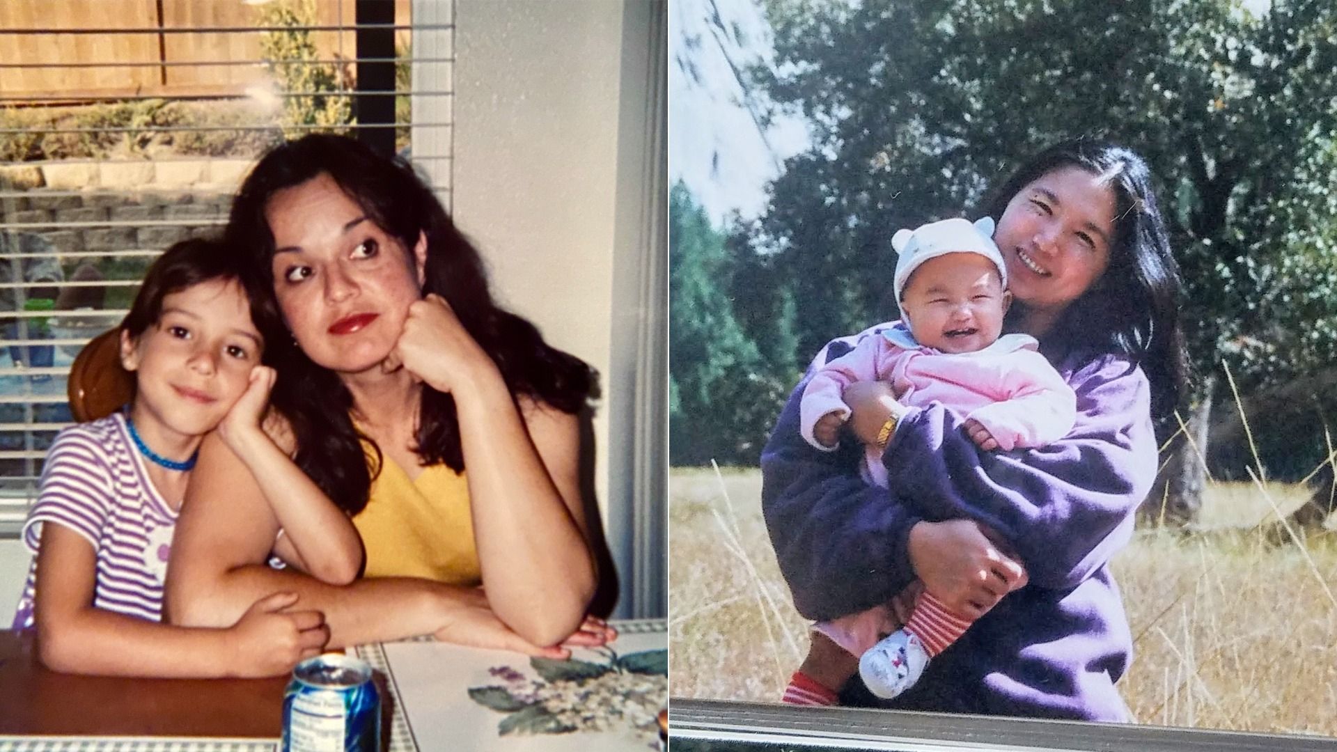 Split image: left, a dark-haired woman sits with a young girl at an indoors table by blinds; right, the same woman outdoors in a purple jacket holding a smiling baby in pink with a white hat near trees.