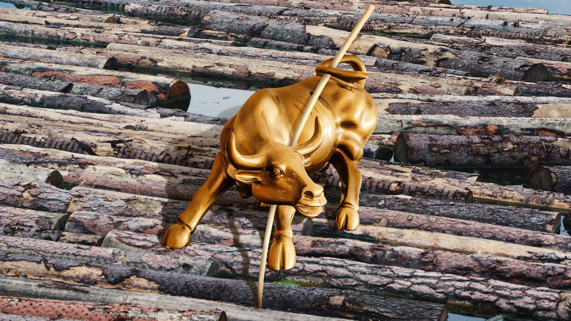 Illustration of the wall street bull using a pole to clear up a log jam. 