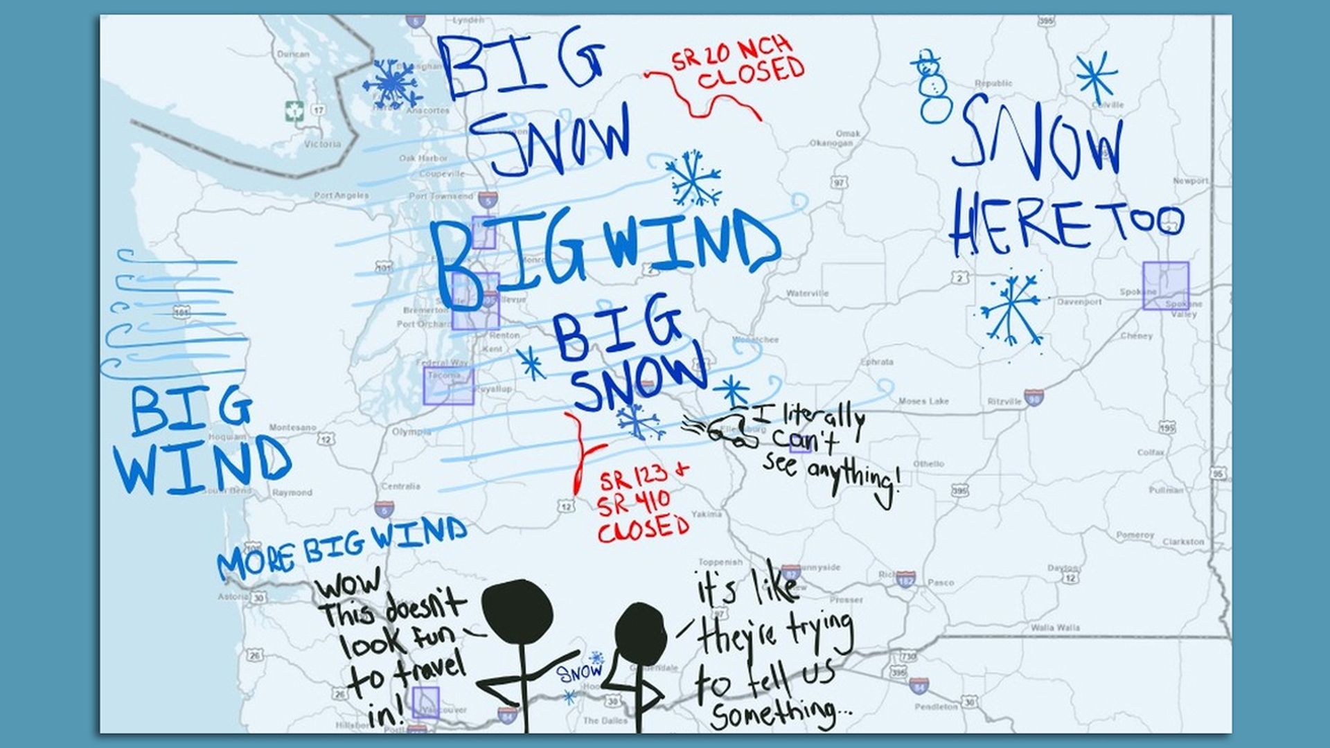 A map with hand lettered traffic warnings and alerts.