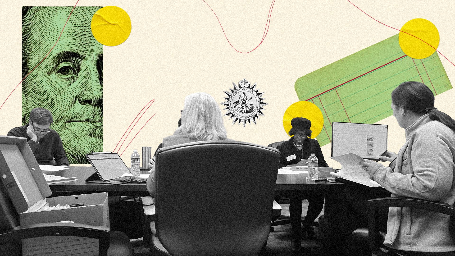 Photo illustration of a group of people with paperwork and laptops alongside money, lined paper, and circular stickers.