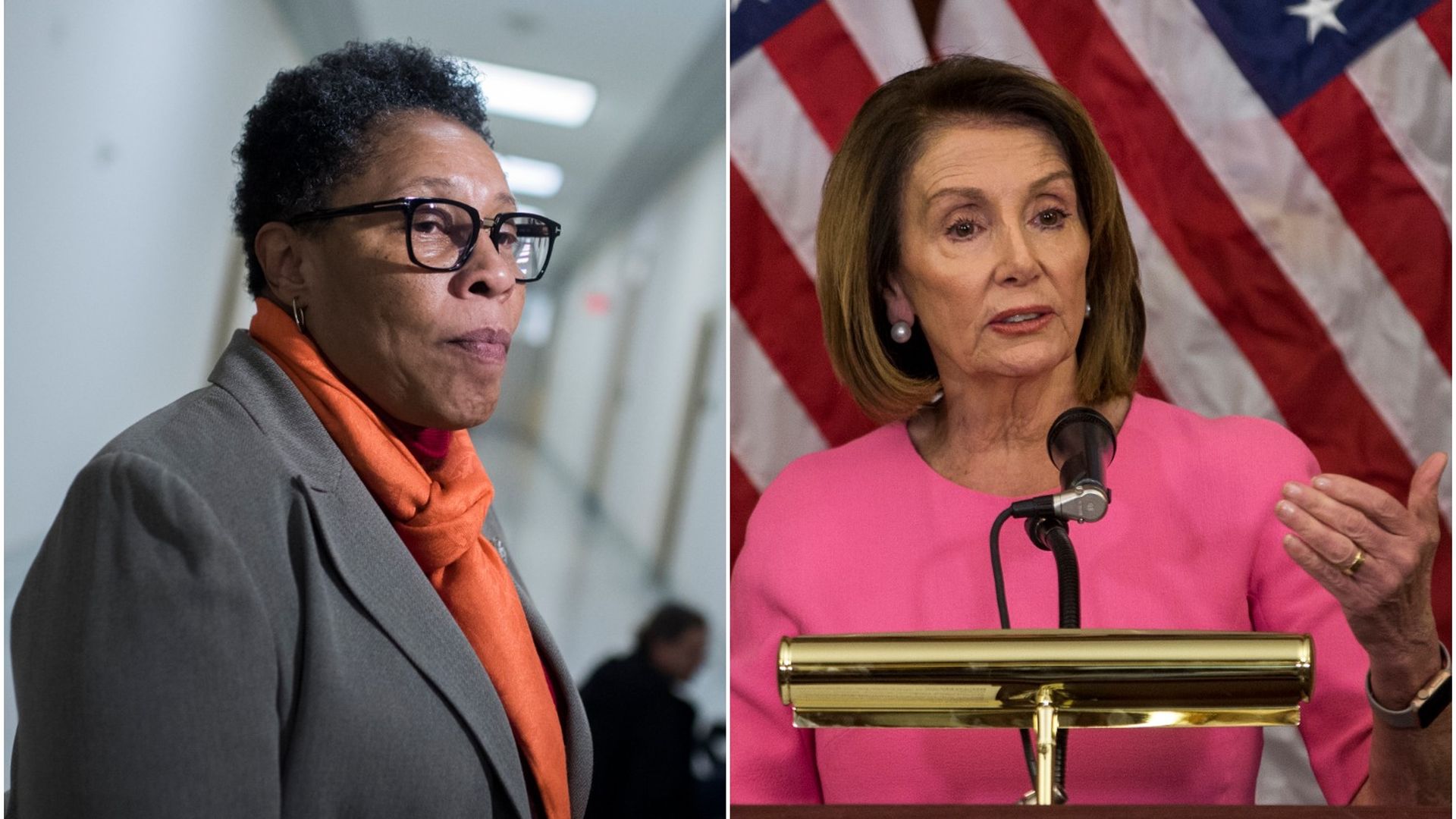 Side by side photos of Reps. Marcia Fudge and Nancy Pelosi