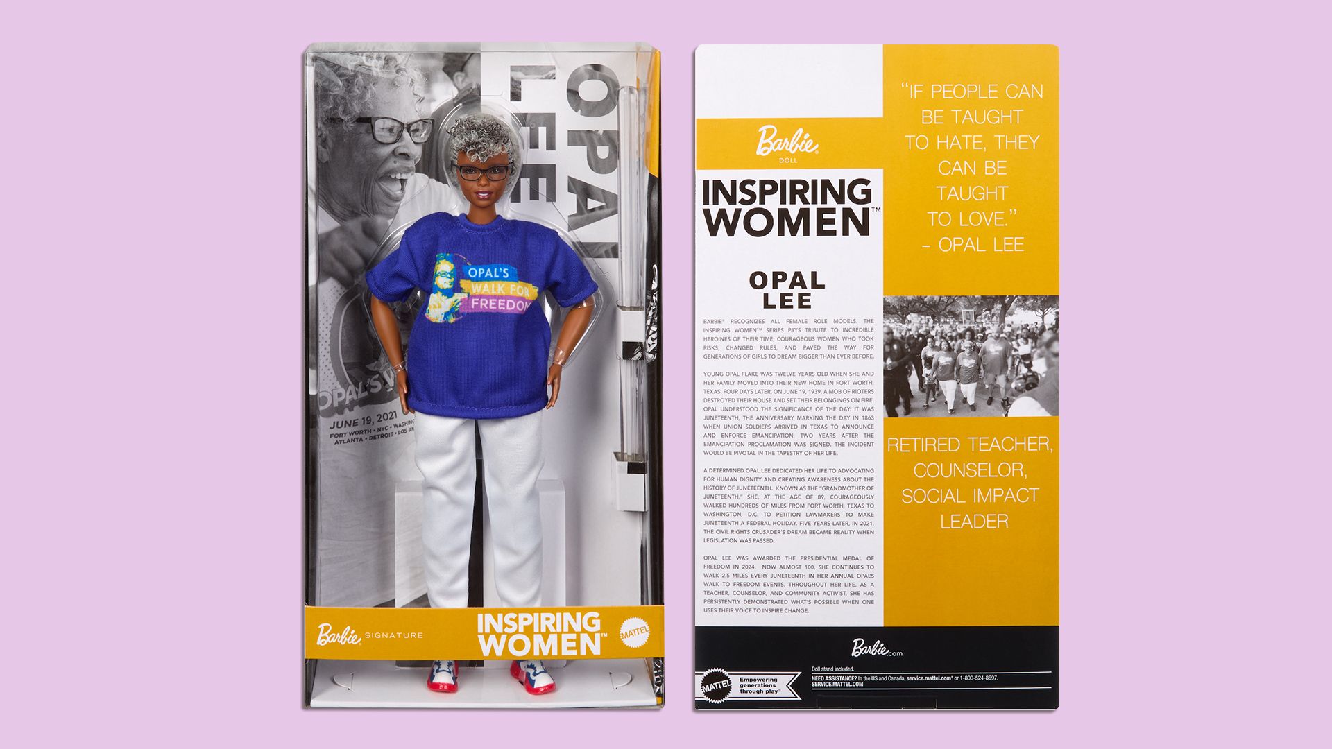 An Opal Lee doll wearing a blue shirt and white pants inside a clear box with her photo, quote, and biography written on it