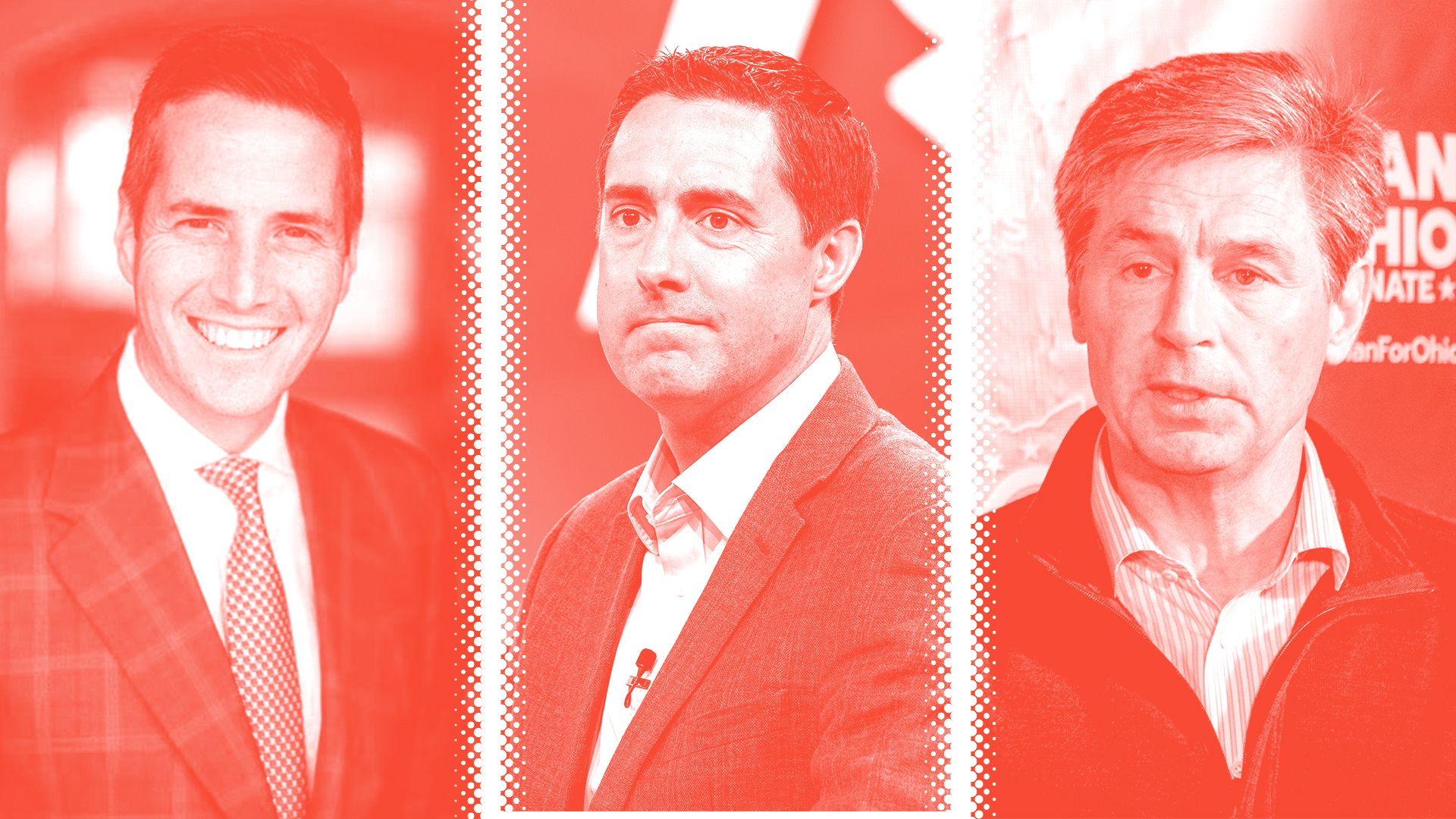 A illustration of three Republican candidates running for Senate in Ohio: Bernie Moreno, Frank LaRose, Matt Dolan
