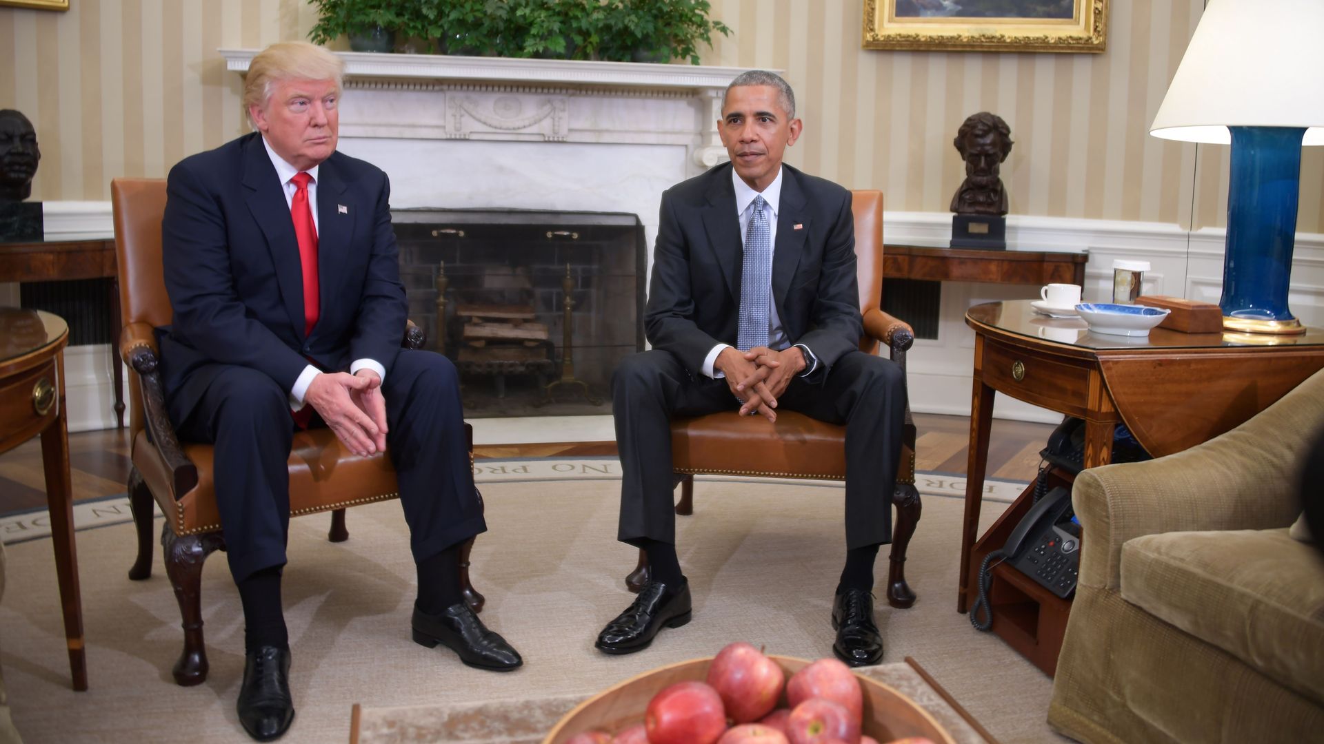 President Barack Obama meets with President-elect Donald Trump to update him on transition planning in the Oval Office at the White House on November 10, 2016 in Washington,DC. 