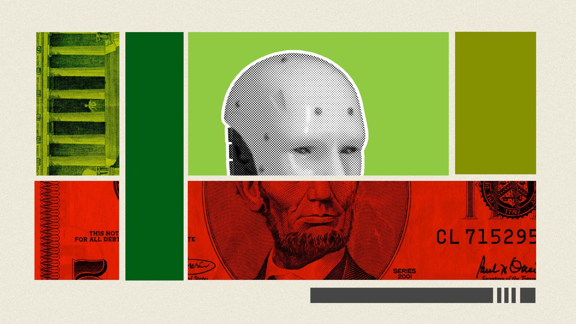 Illustrated collage of a robot face as the top half of Abraham Lincoln from a 5-dollar bill. Abstract squares, shapes, and scraps of money.