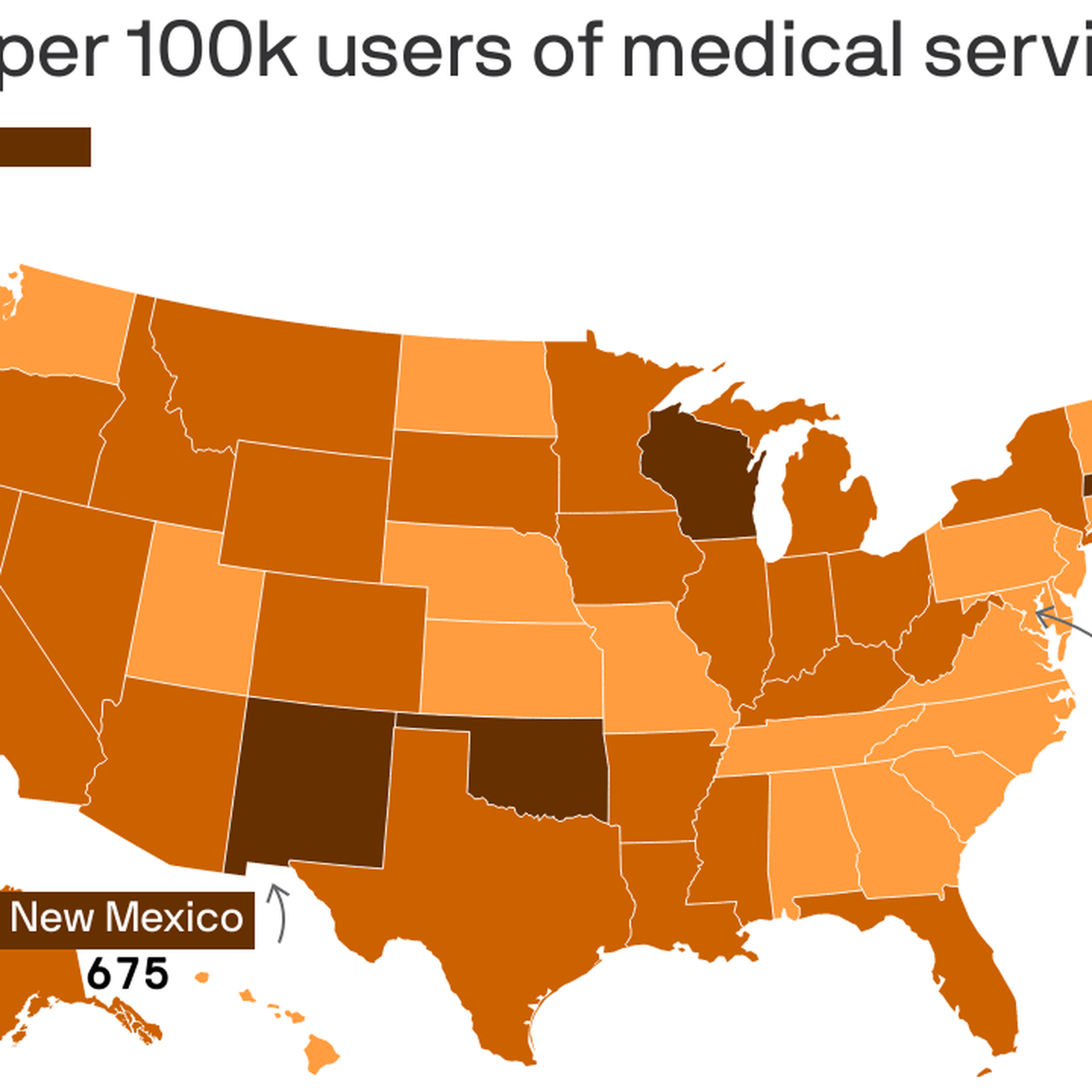 A map showing overdoses per 100K users of medical services by state