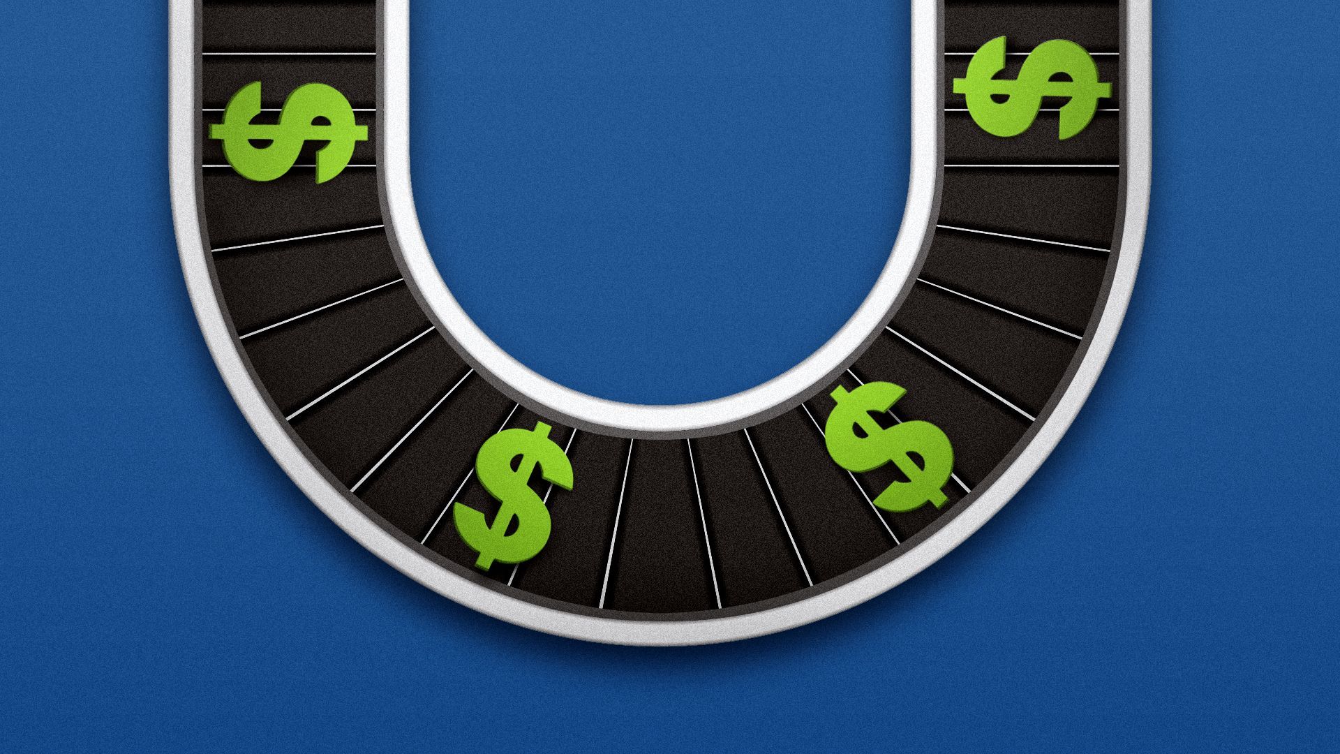 an illustration of a manufacturing conveyor belt with dollar signs on top of it