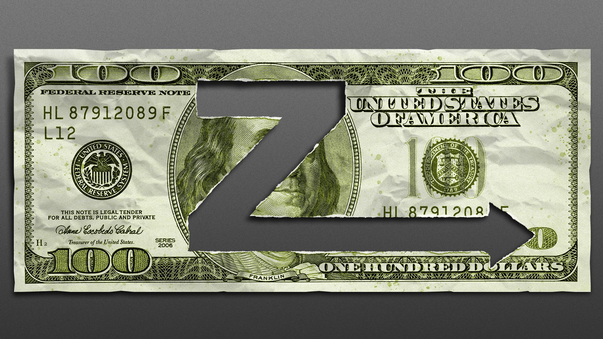Illustration of a crumpled and dirty 100 dollar bill with a cutout in the shape of a "z" with an arrow at the bottom