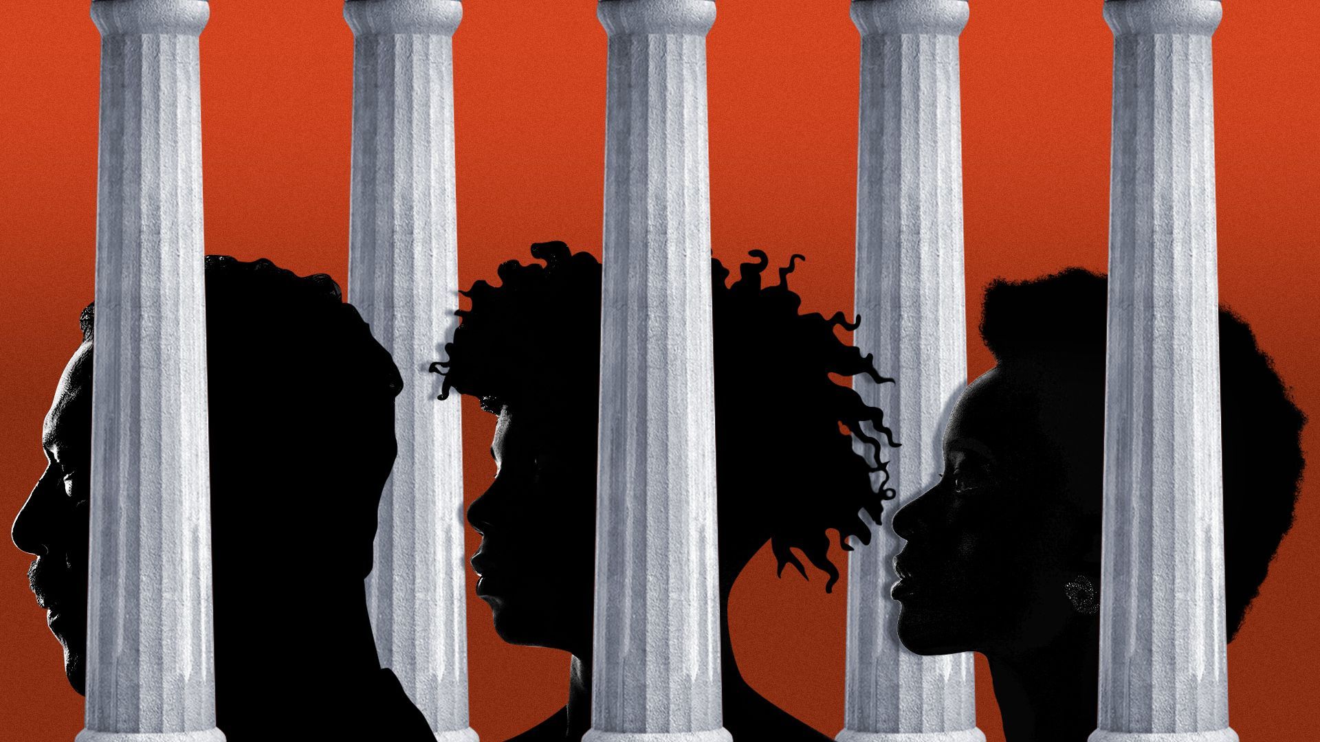 Illustration of silhouetted faces in profile in between a repeating pattern of doric columns mimicking bars. 