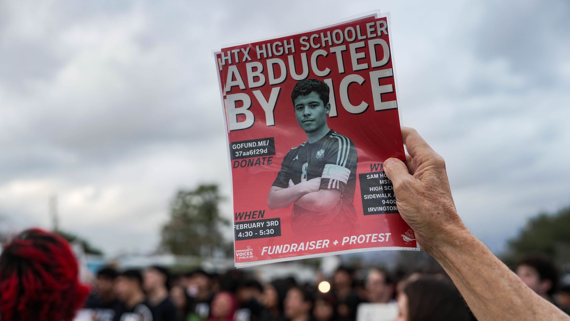Students protest the arrests of Mauro Henriquez, a fellow student, detained along with his father by ICE in Houston.