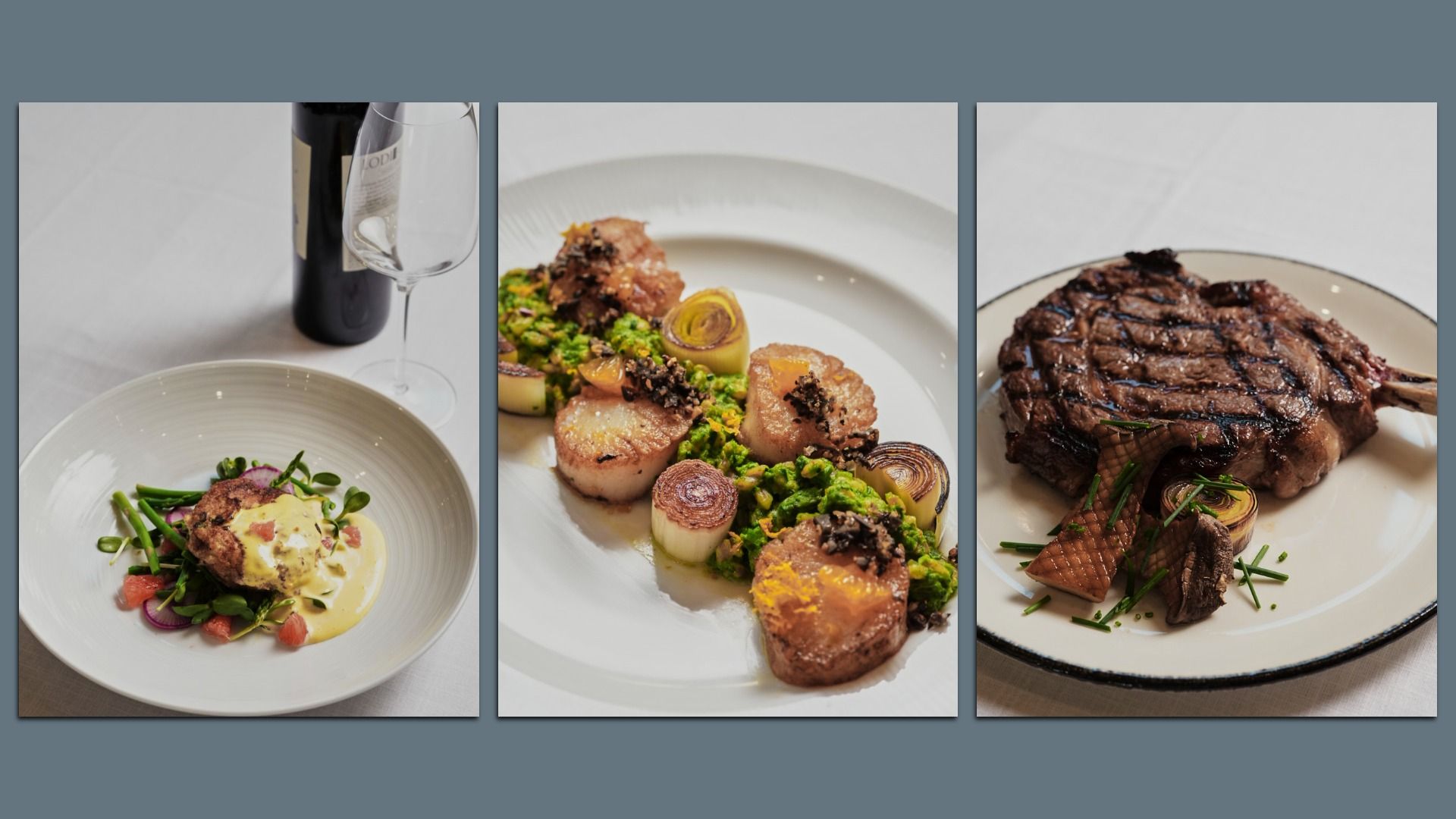Three-panel food collage: left plate with greens and creamy sauce by a wine bottle; center plate with seared scallops and vegetables; right plate a grilled steak with onions.