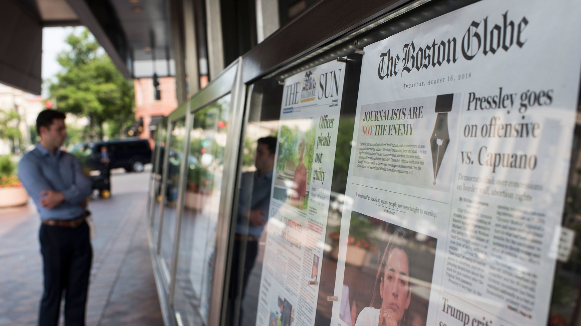 The Boston Globe's front page at the Newseum