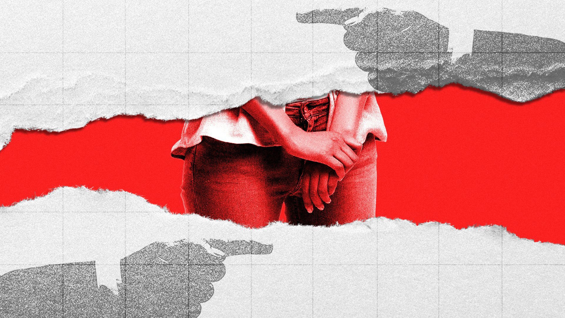 Illustration of two tears of paper with fingers pointing in opposite directions and a woman holding her hands in the middle