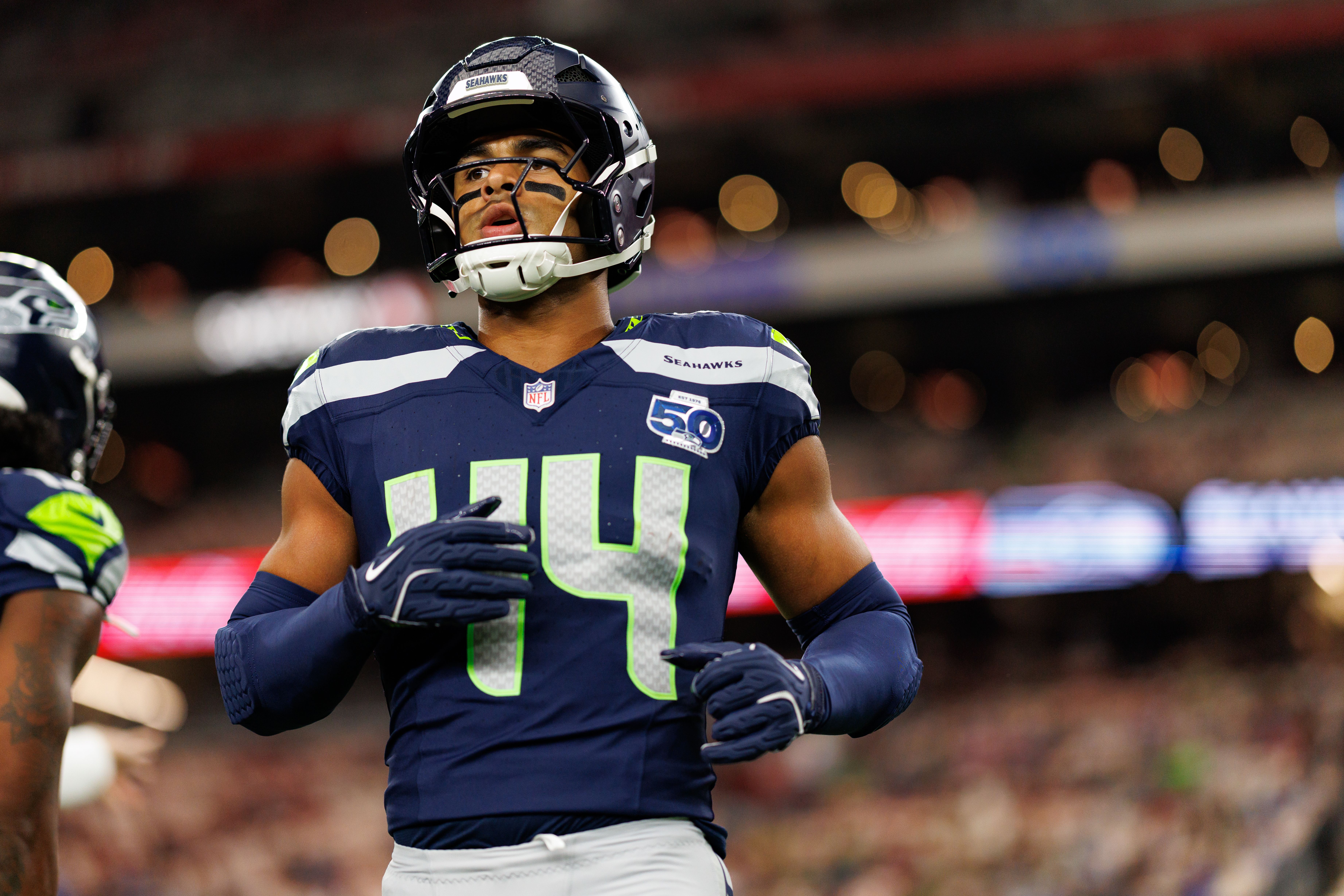 Chazz Surratt #44 of the Seattle Seahawks warms up prior to an NFL football game, against the Arizona Cardinals at State Farm Stadium on September 25, 2025 in Glendale, Arizona. (Photo by Brooke Sutton/Getty Images)