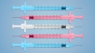 Illustration of 5 syringes in the colors of the trans flag.