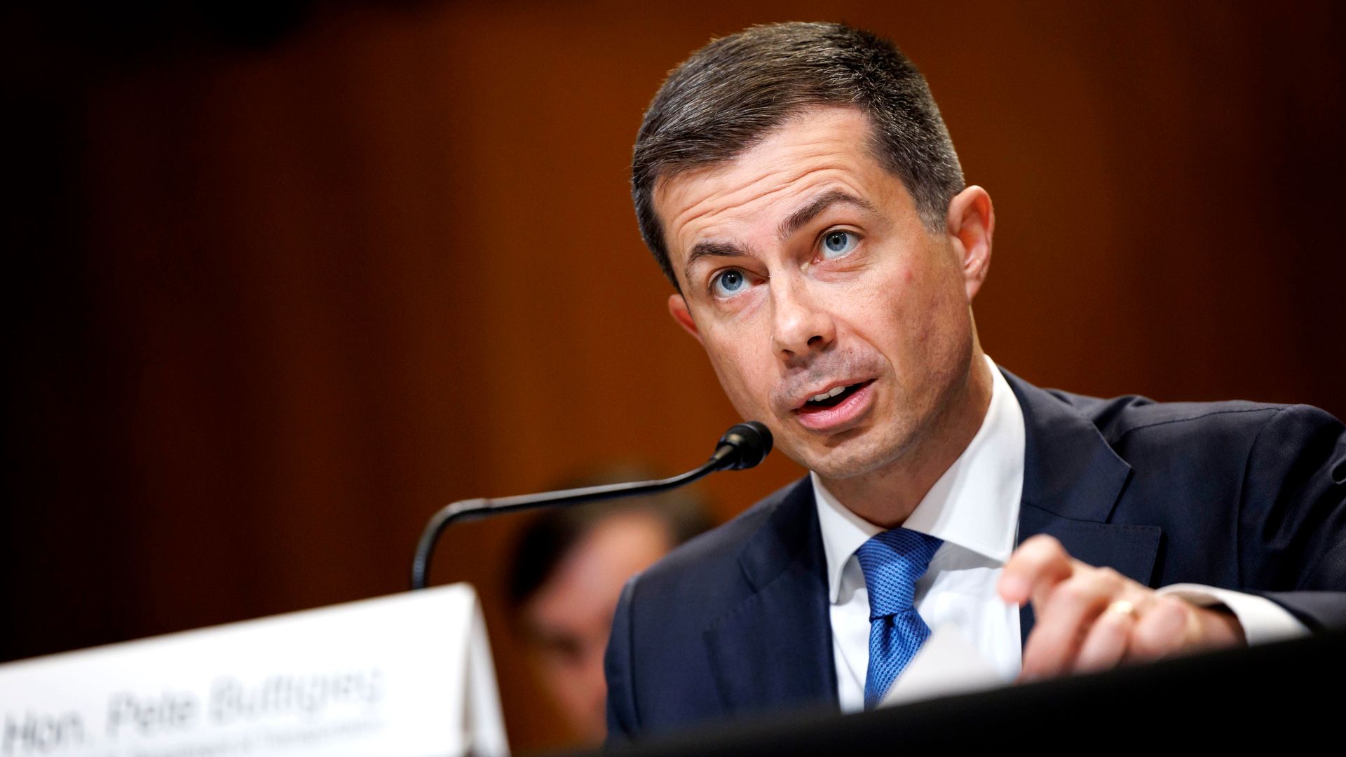  Transportation Secretary Pete Buttigieg speaks during a Senate hearing on Capitol Hill on May 2.