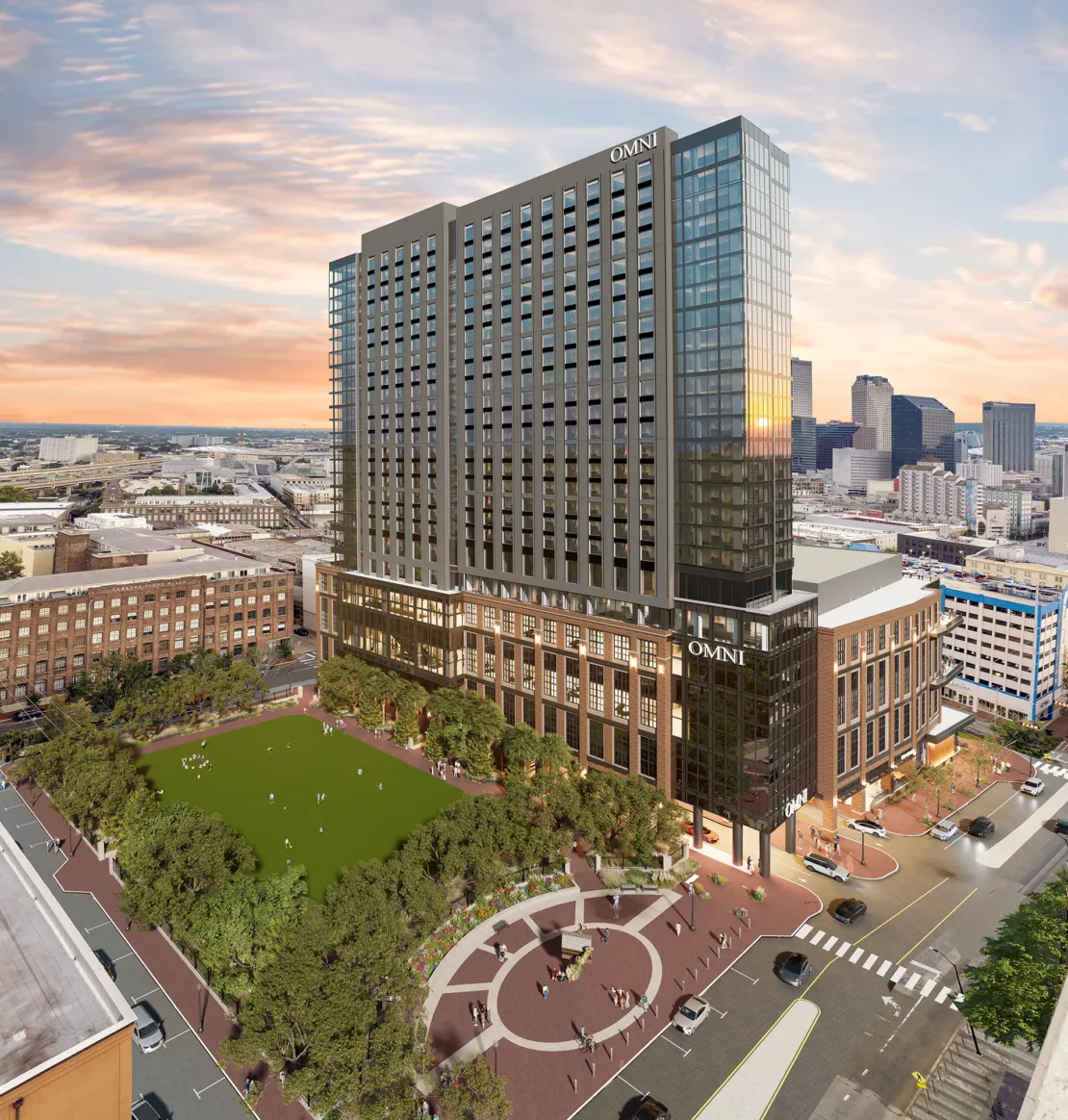 Image shows a rendering of the Omni hotel in New Orleans.