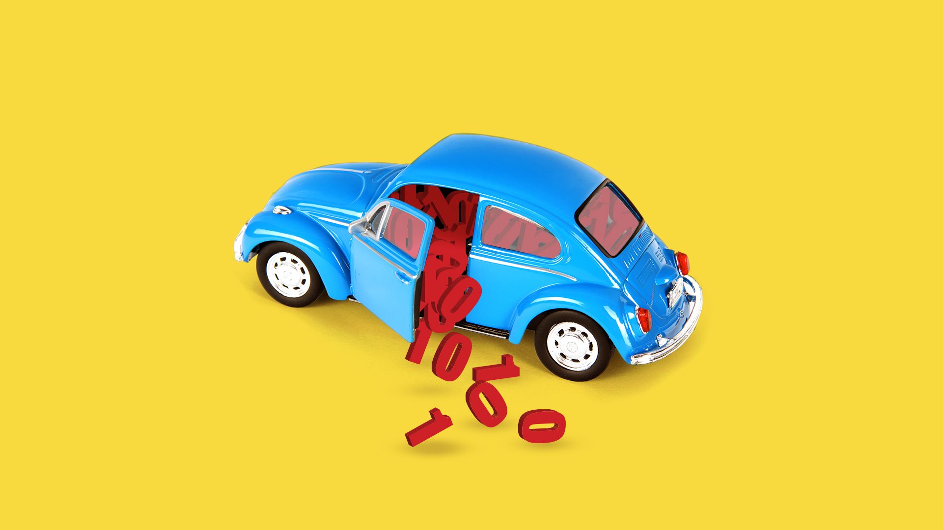 Illustration of a car stuffed with 1s and 0s, some 1s and 0s are spilling out. 