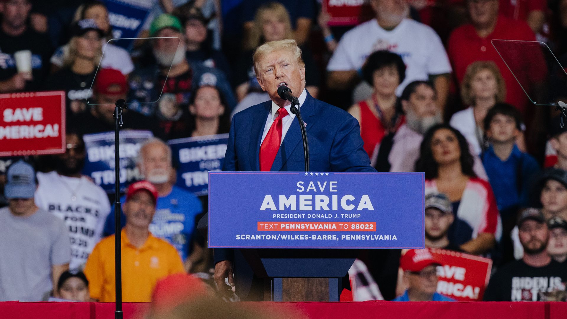 Former US President Donald Trump speaks during a rally in Wilkes-Barre, Pennsylvania, US, on Saturday, Sept. 3, 2022