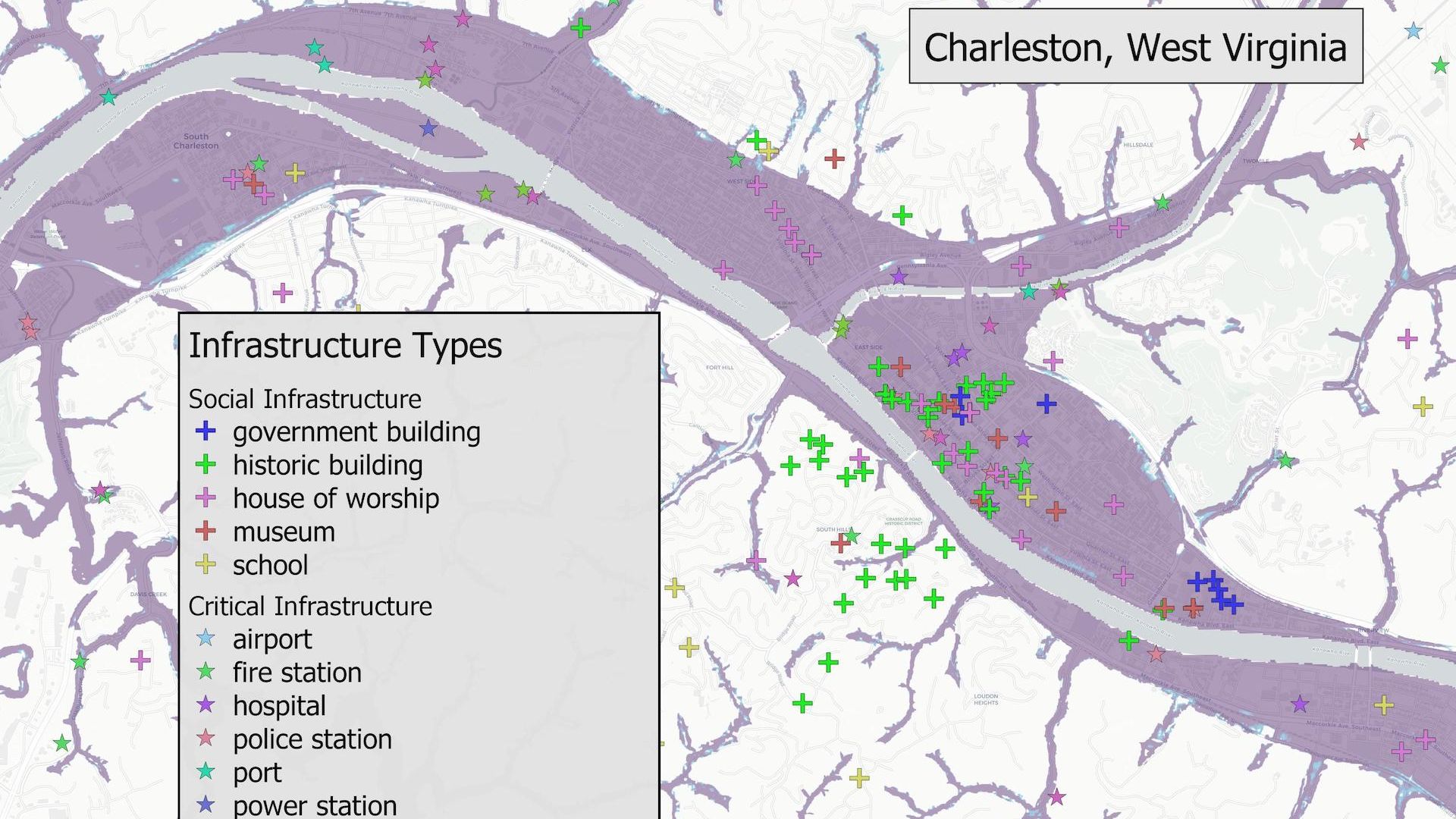 Flood risks to critical infrastructure in Charleston, West Virginia.