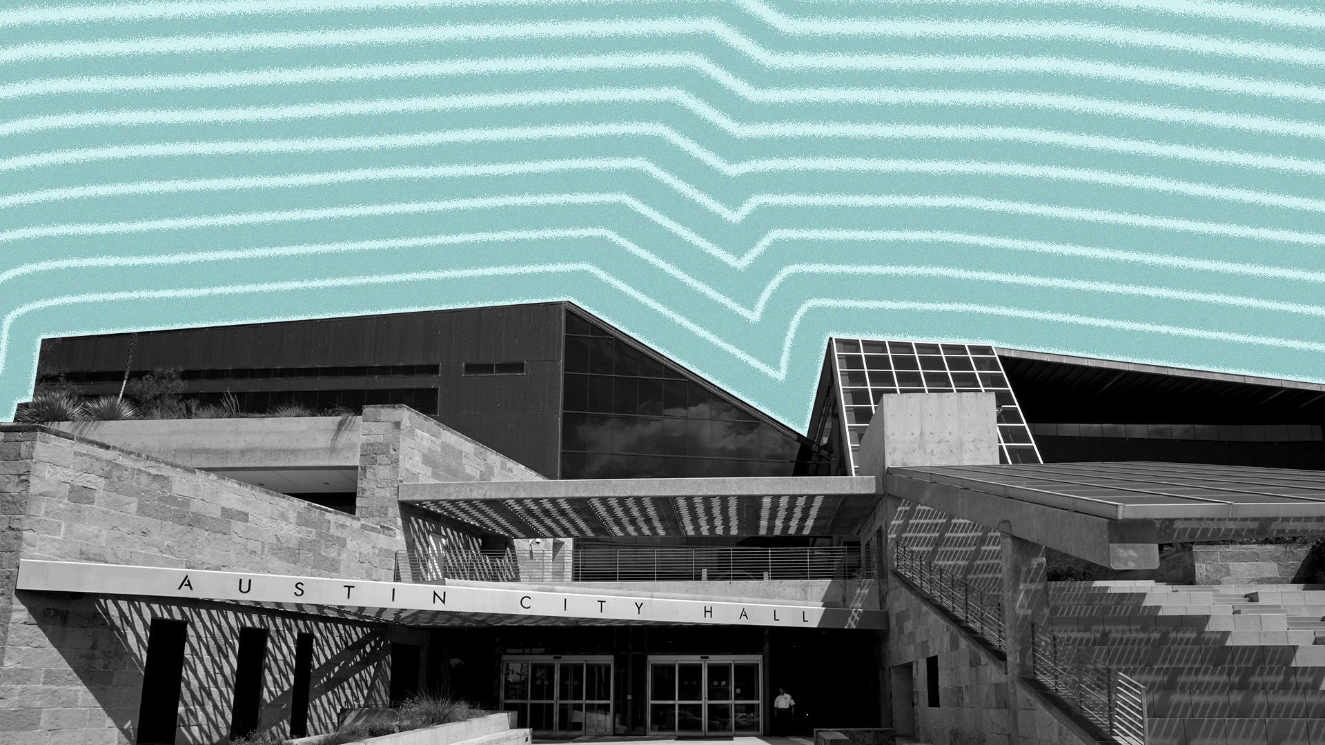 Illustration of Austin City Hall with lines radiating from it.