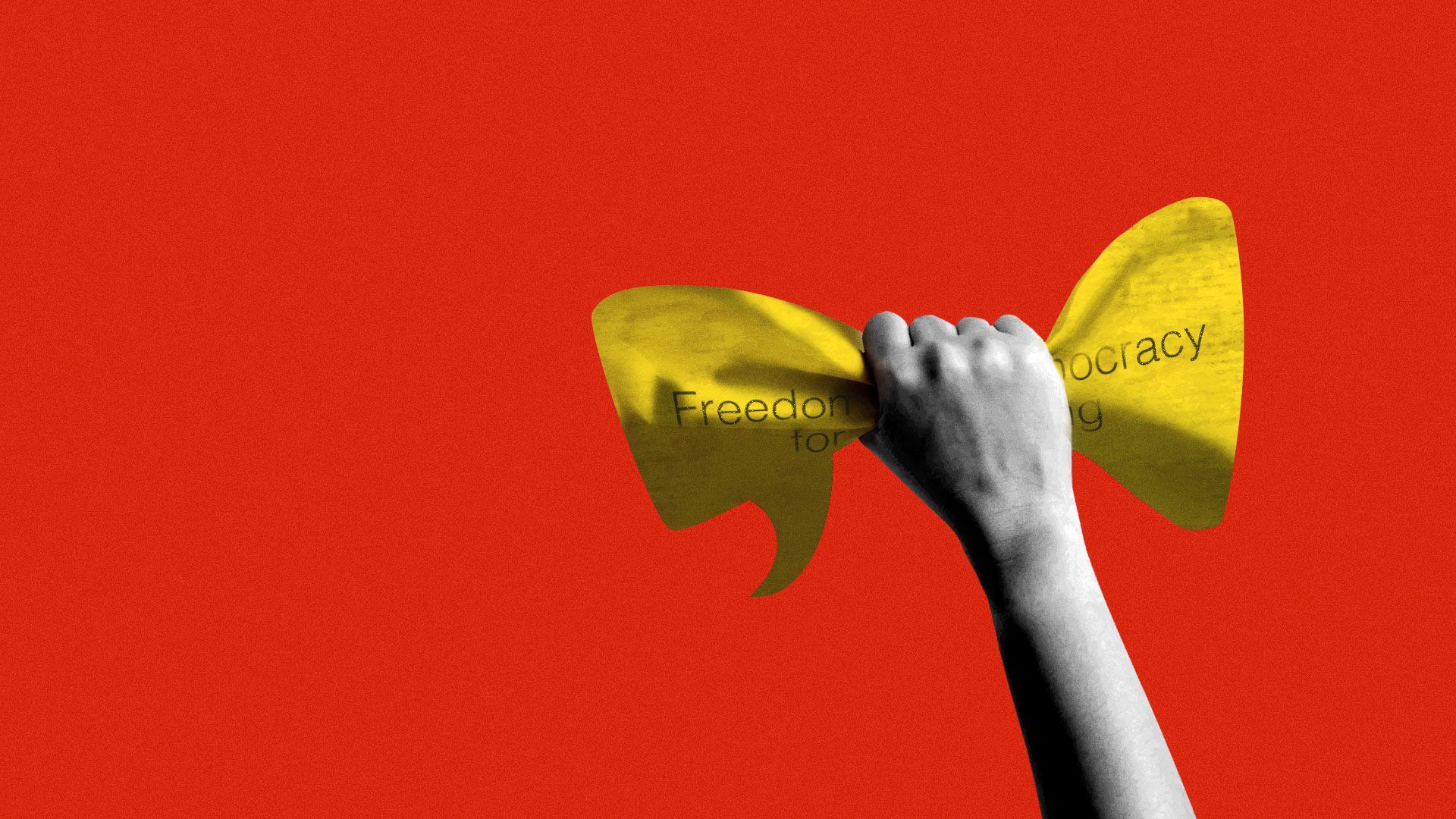 Illustration of hand crushing a speech bubble with “Freedom and democracy for Hong Kong”