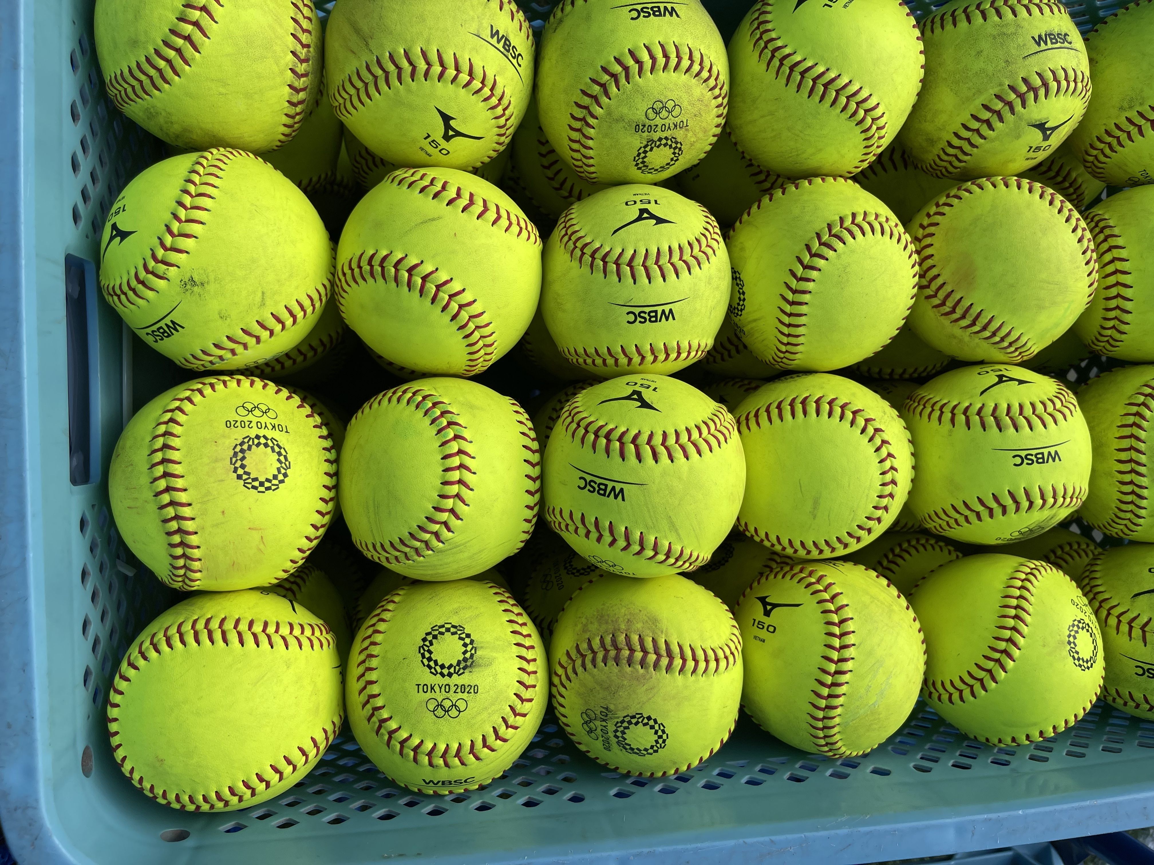 A bucket of softballs used during the Tokyo Olympics