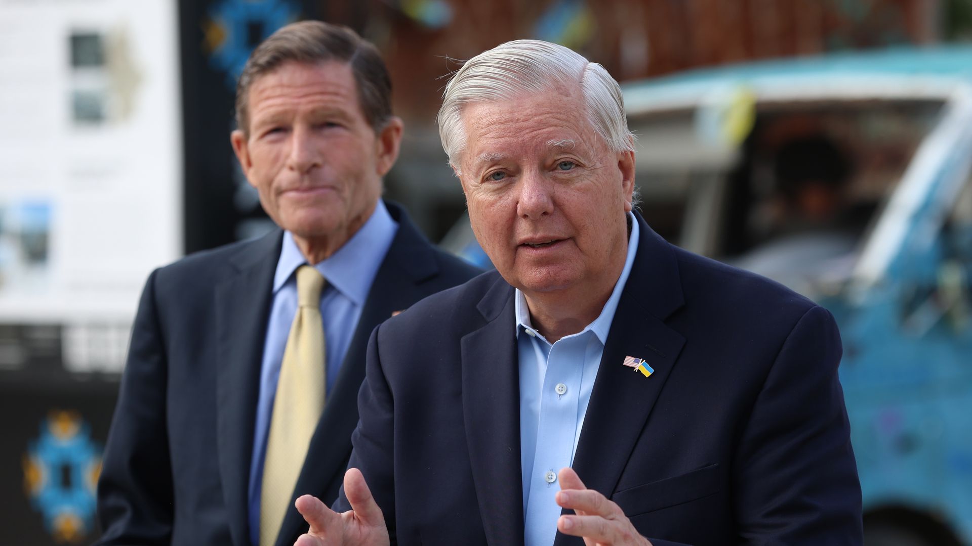 U.S. Senator Lindsey Graham speaks during a press conference on Saint Michael's Square in the city center in Kyiv, Ukraine alongside Democratic Senator Richard Blumenthal
