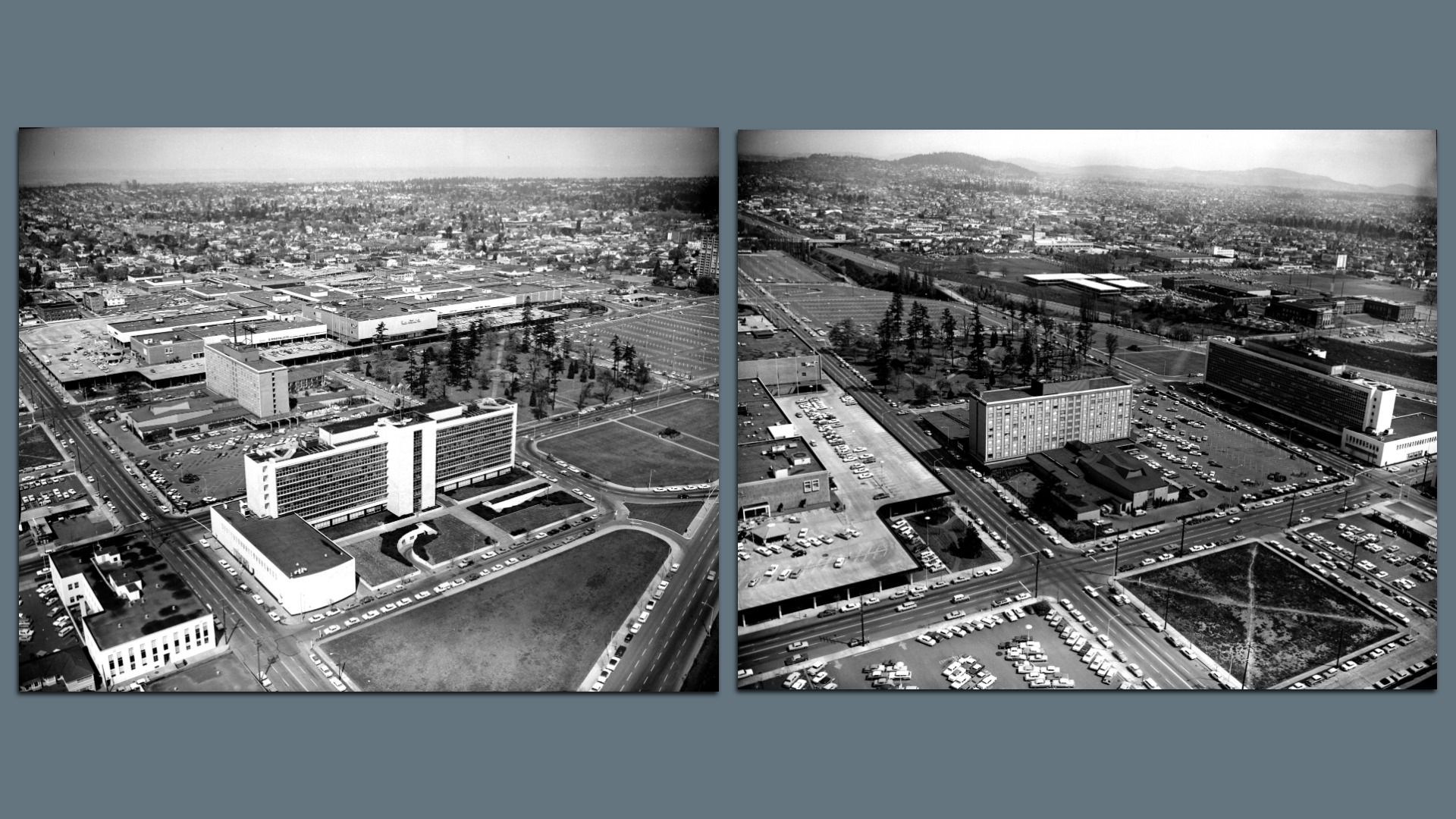 Black and white aerial photos showing a cityscape with mid-century office buildings, multiple parking lots filled with vintage cars, tree-lined areas, and sprawling residential neighborhoods in the background.