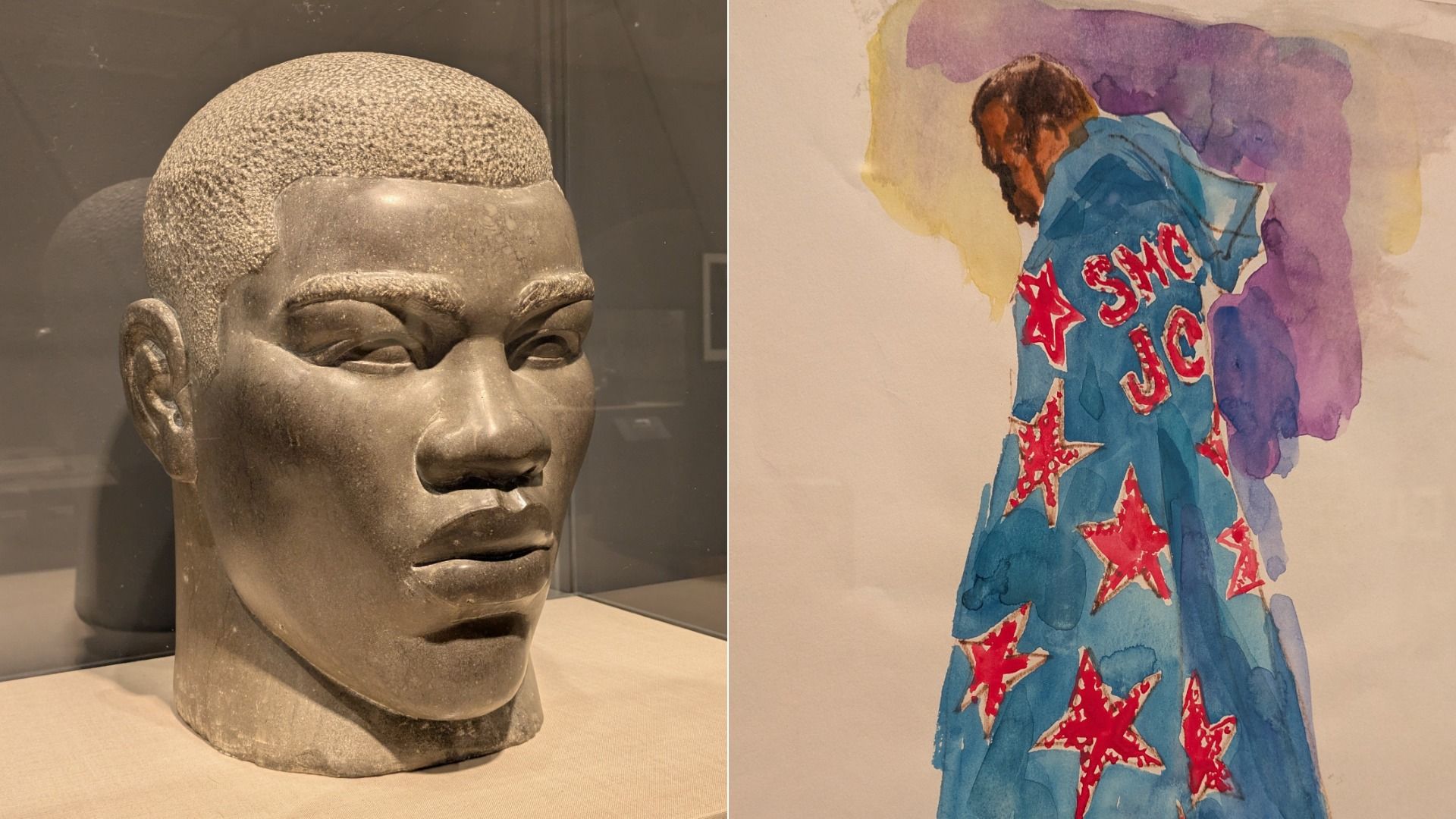 Split image: left a stone bust of a man; right a watercolor of a man in a blue jacket with red stars and USMC, set against yellow and purple washes.
