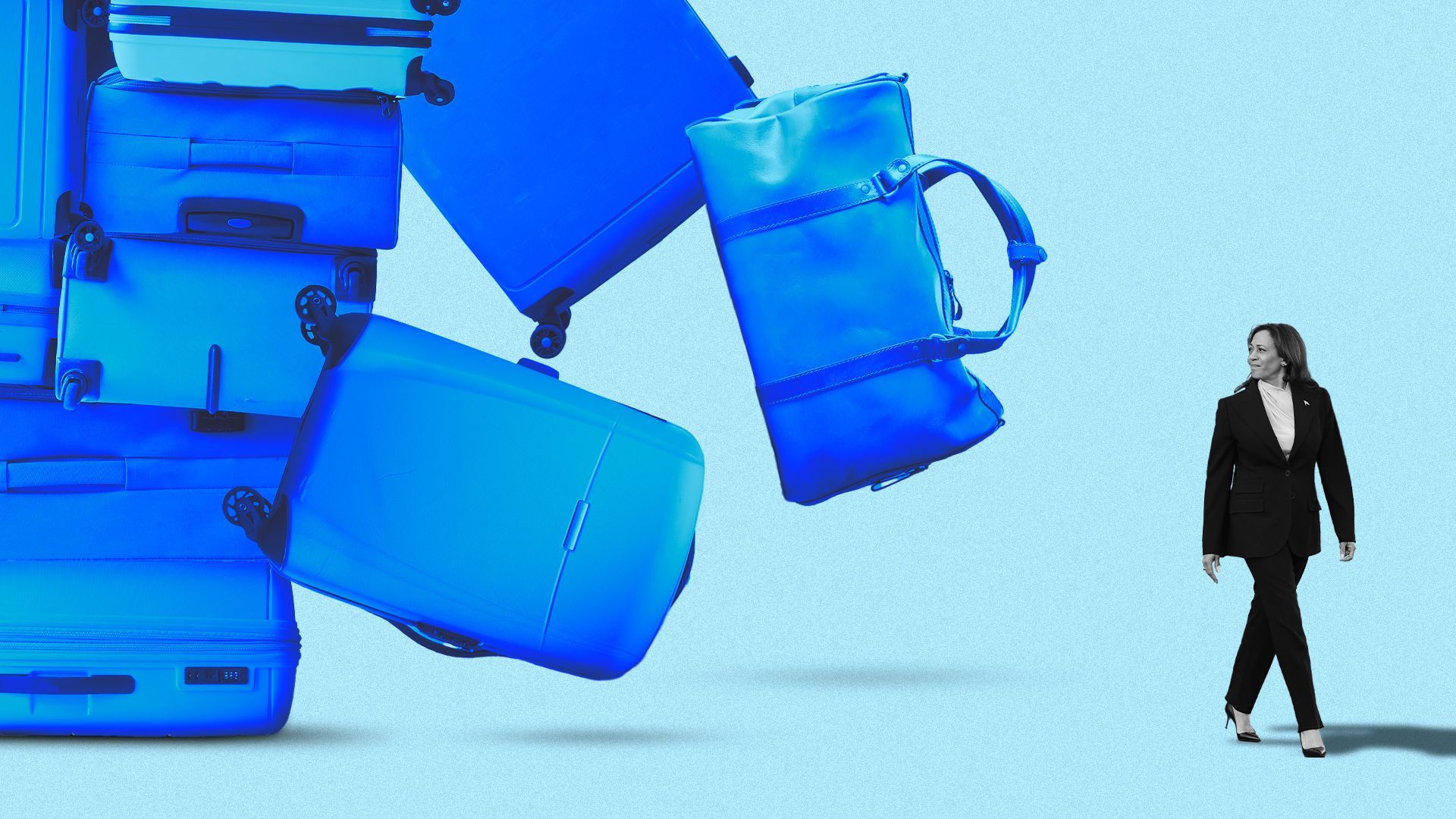 Photo illustration of Kamala Harris looking up at a falling pile of baggage. 