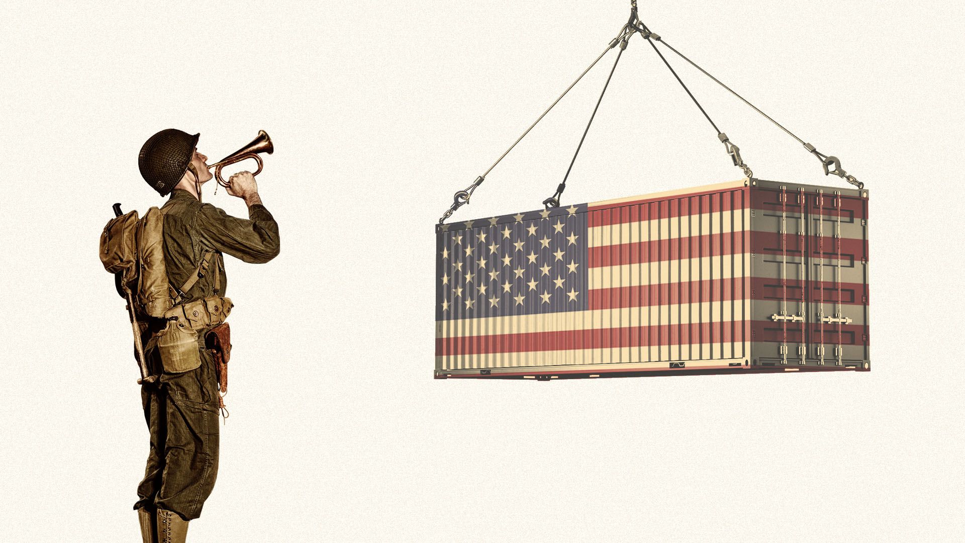 Illustration of a World War II soldier playing taps to an American flag shipping container.