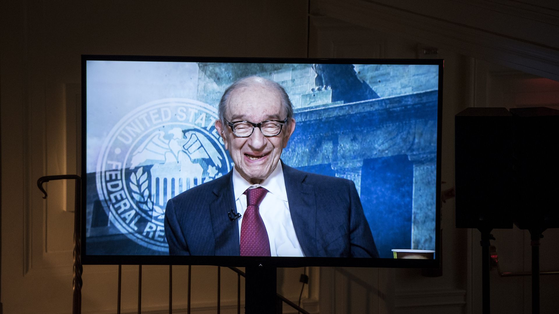 Alan Greenspan speaks via video conference with current Federal Reserve Chair Janet Yellen and former Federal Reserve Chairs Ben Bernanke, Paul A. Volcker.