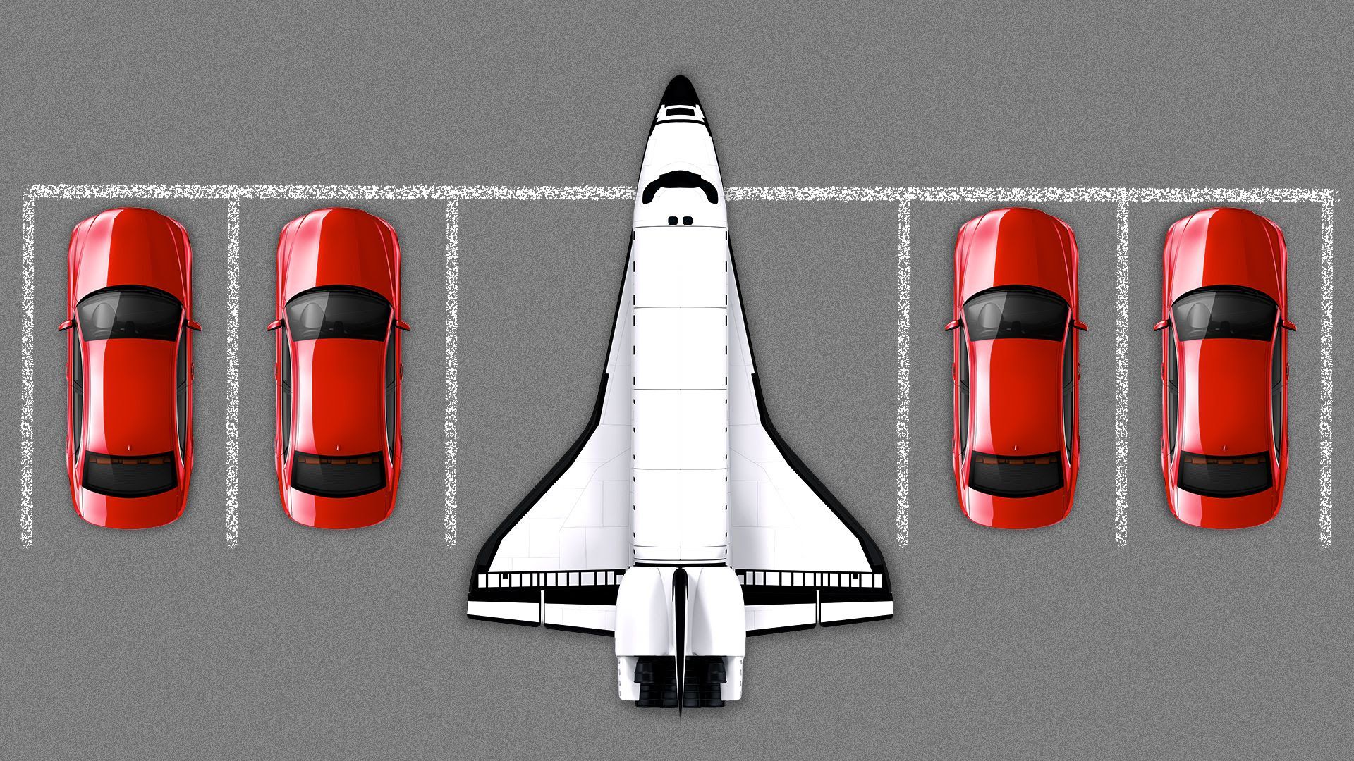 Illustration of spaceship parked next to cars