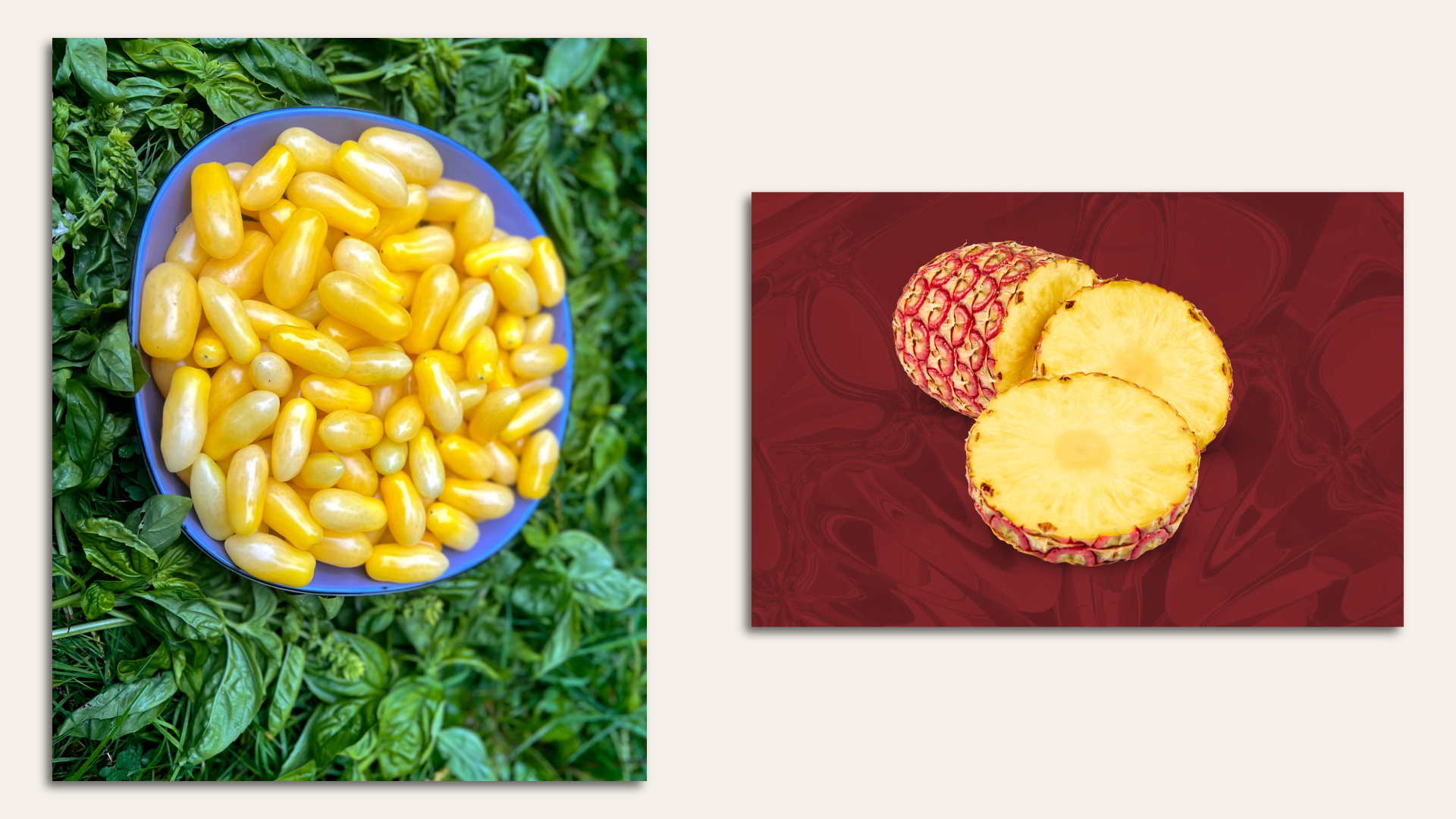 At left, yellow peanut-shaped tomatoes; at right, a cut-up pineapple that's red on the outside.