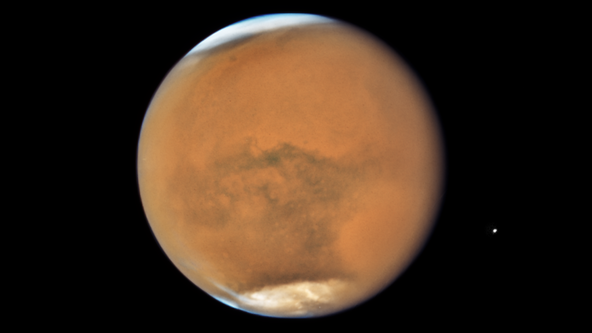 Mars in full view with its polar ice caps in white
