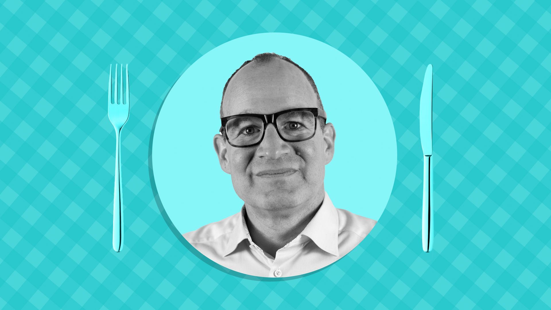 Photo illustration of Doug Rozen in front of a picnic table print background.