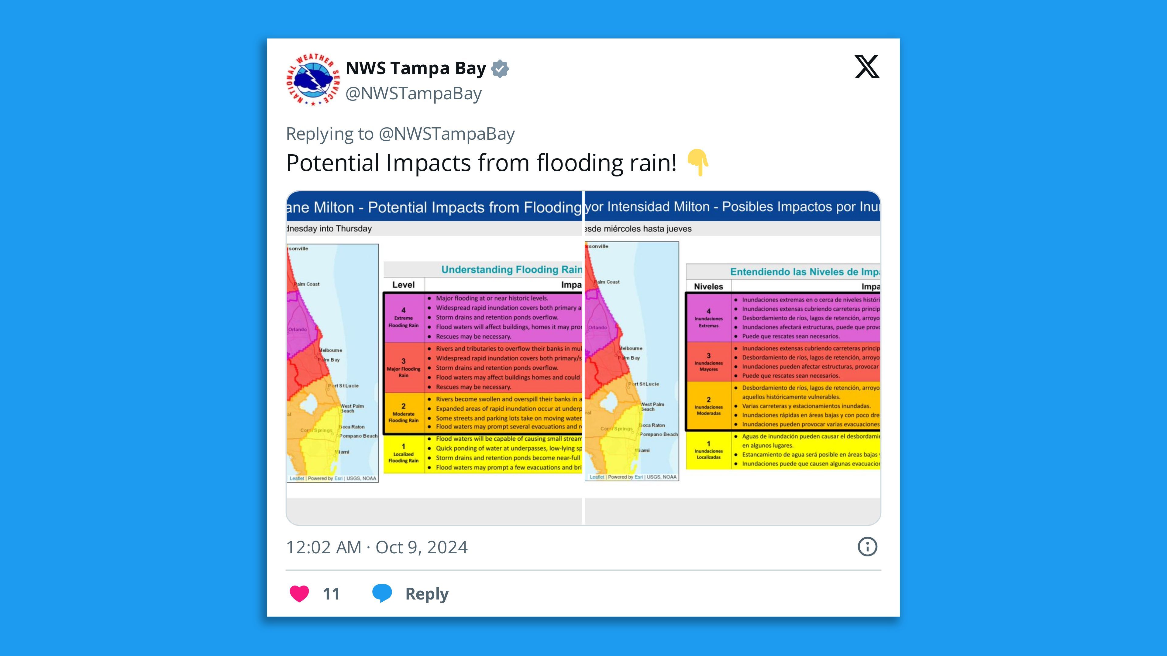 A screenshot of a map of Florida showing all of that state will likely be affected by the potential Impacts from flooding rain, with a large area comprising Tampa and Orlando expected to see historic inundation.